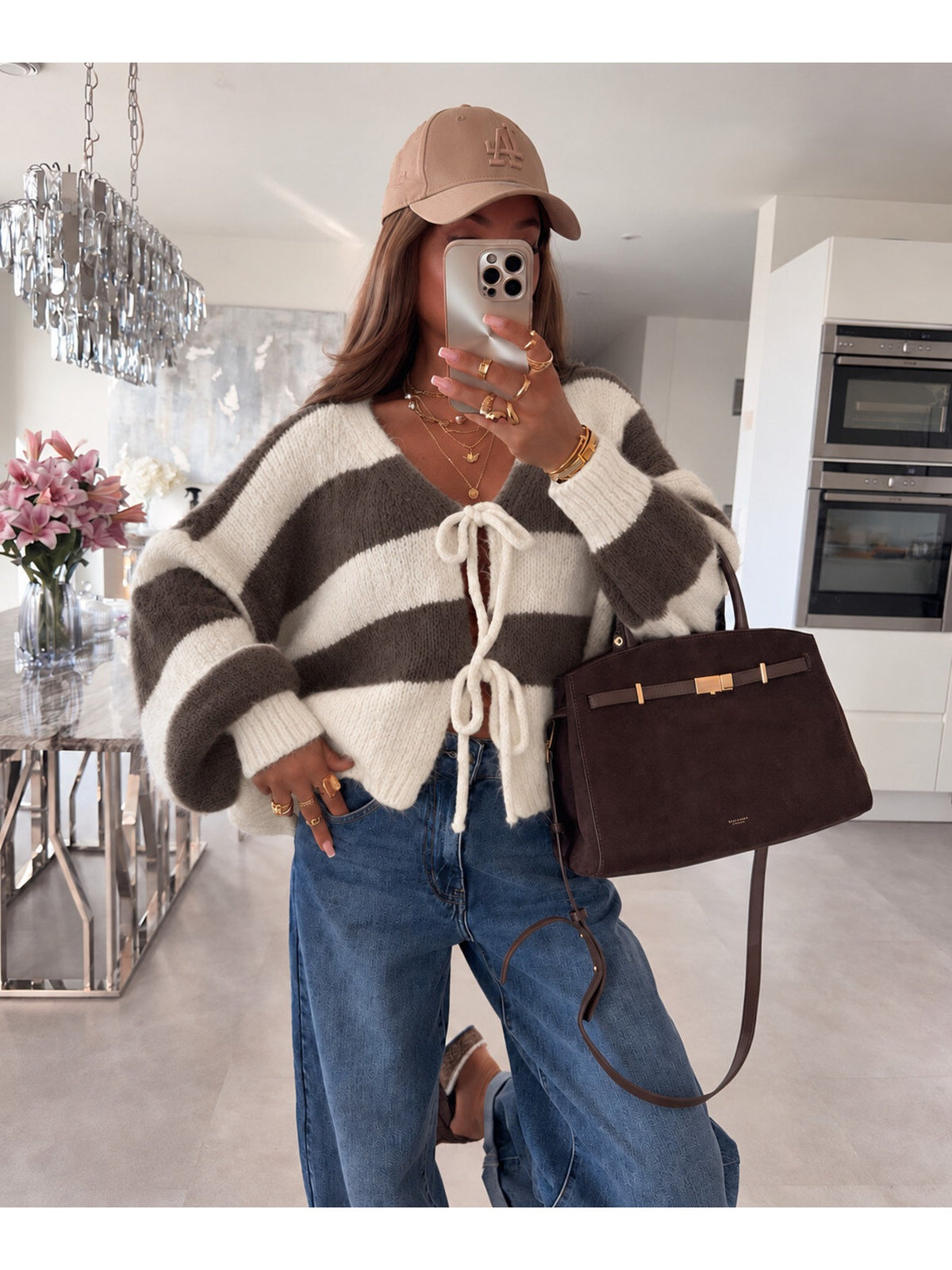 Gilet laine rayé oversize manches ballon et liens chocolat pour femme, La Chica