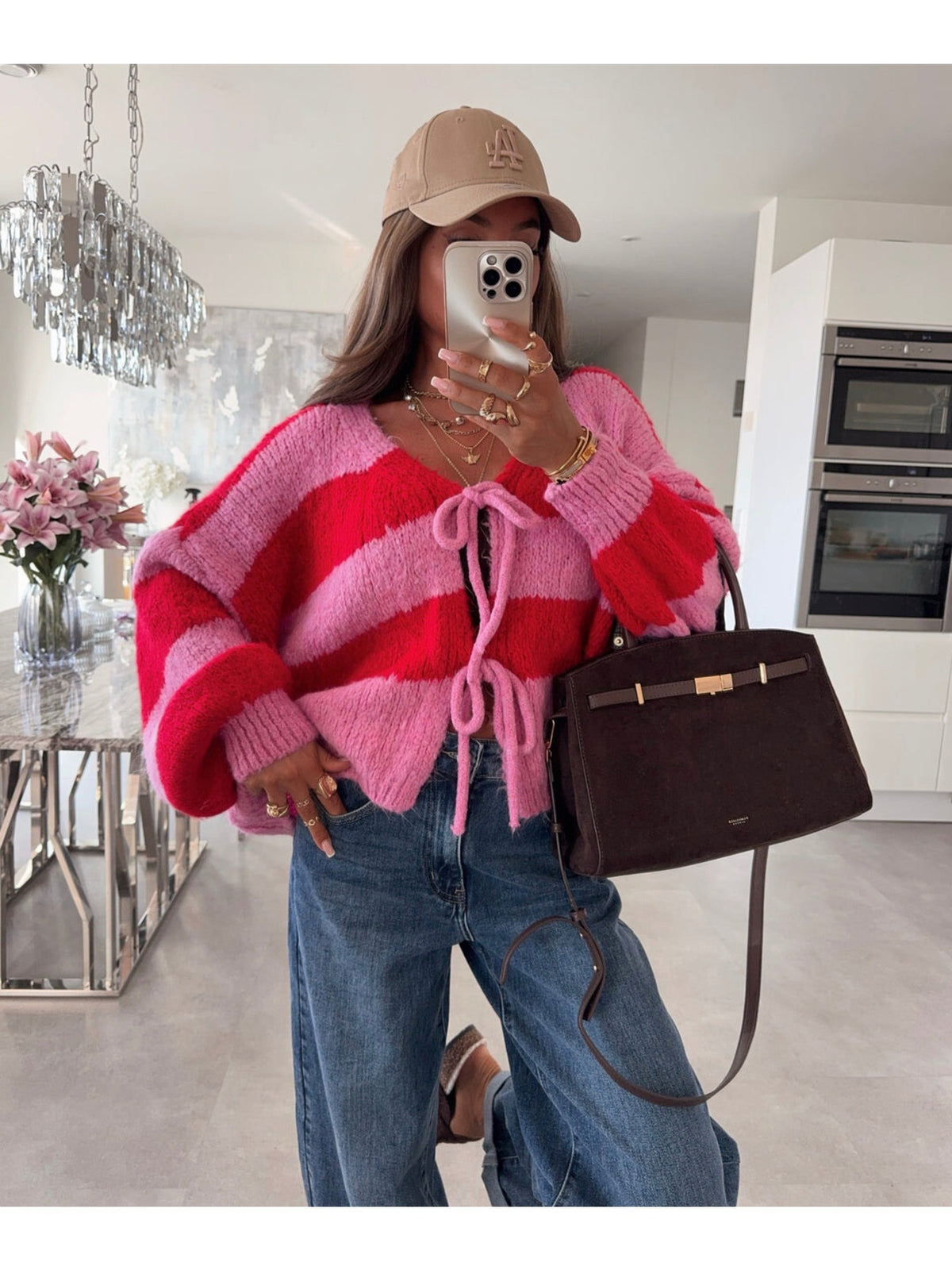 Gilet laine rayé oversize manches ballon et liens rose pour femme, La Chica