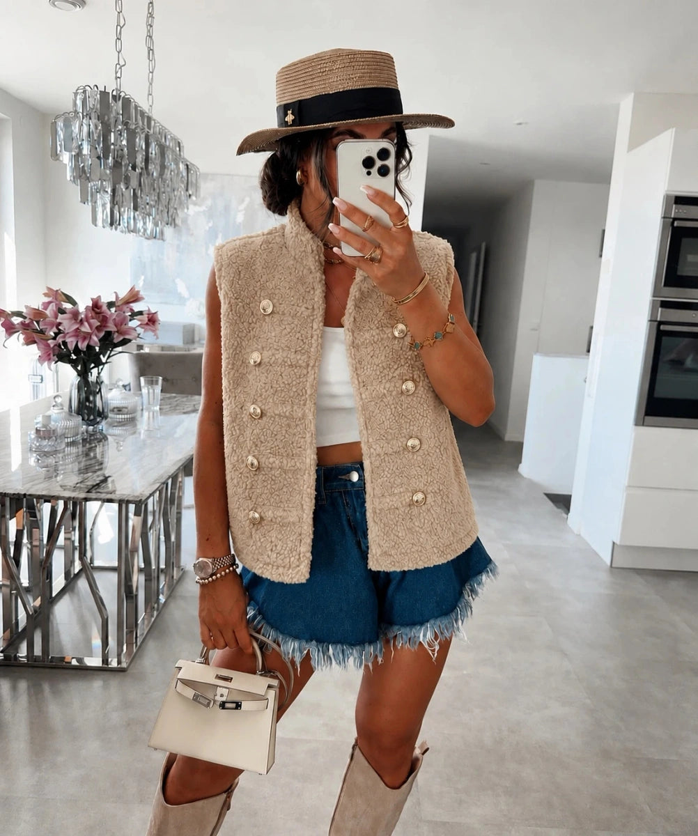 Gilet officier teddy sans manches beige pour femme – La Chica