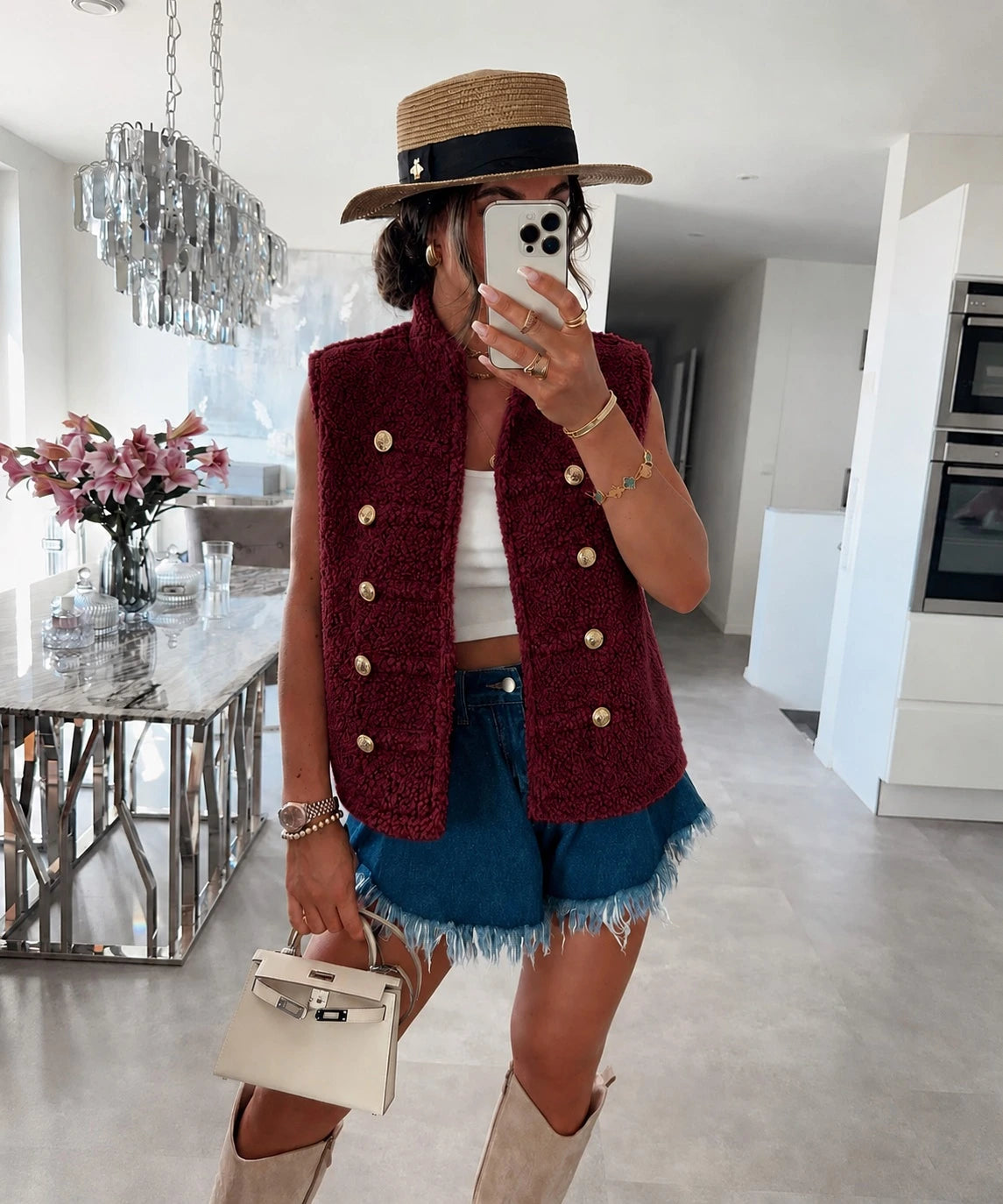 Gilet officier teddy sans manches bordeaux pour femme – La Chica