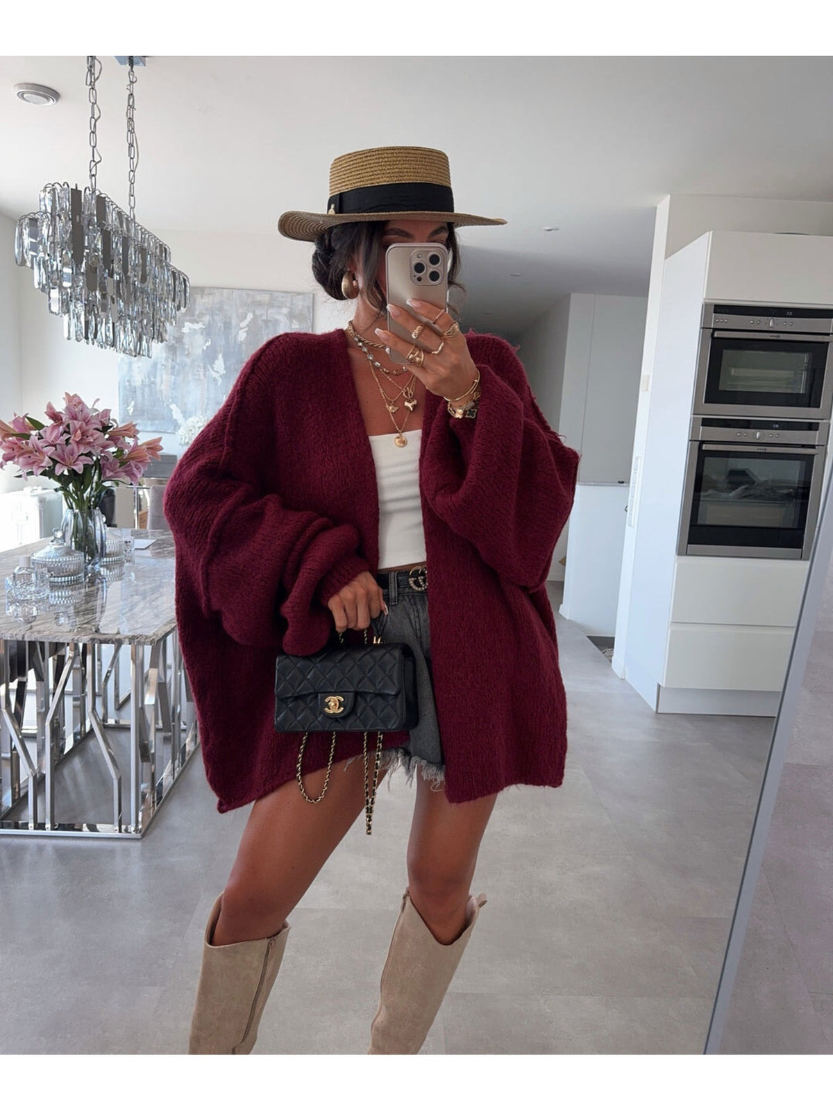 Gilet oversize en laine à manches ballon bordeaux pour femme, La Chica