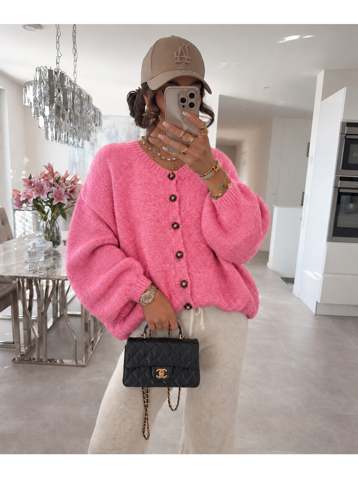 Gilet oversize en laine à manches ballon et boutons rose pour femme, La Chica