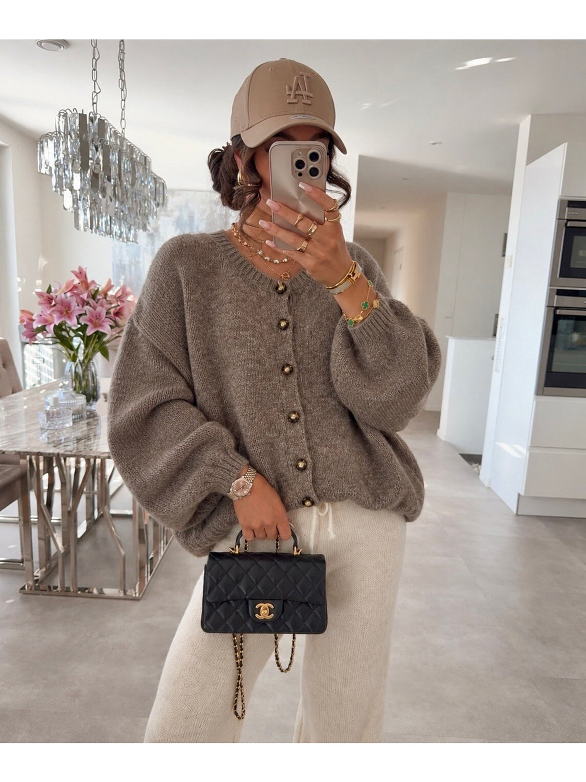 Gilet oversize en laine à manches ballon et boutons taupe pour femme, La Chica