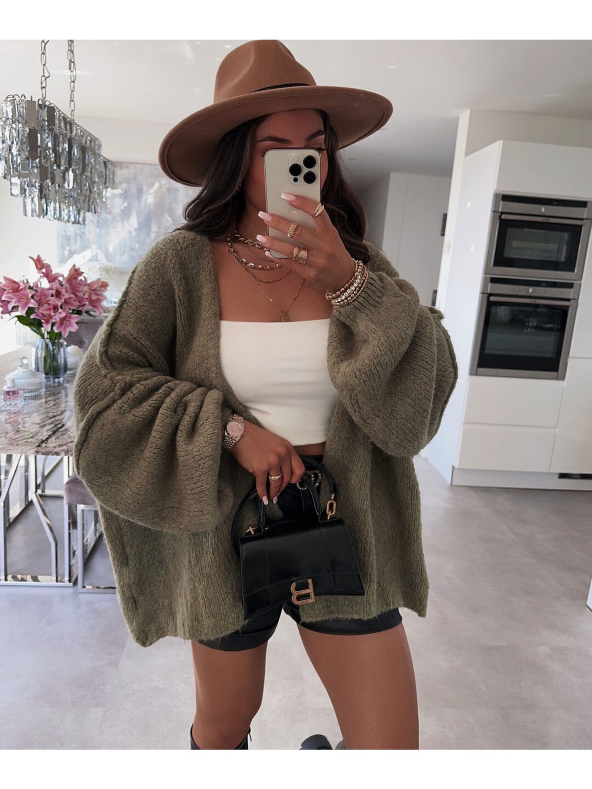 Gilet oversize en laine à manches ballon kaki pour femme, La Chica