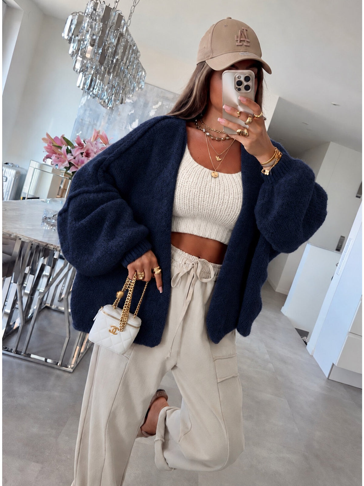 Gilet oversize en laine à manches ballon marine pour femme, La Chica