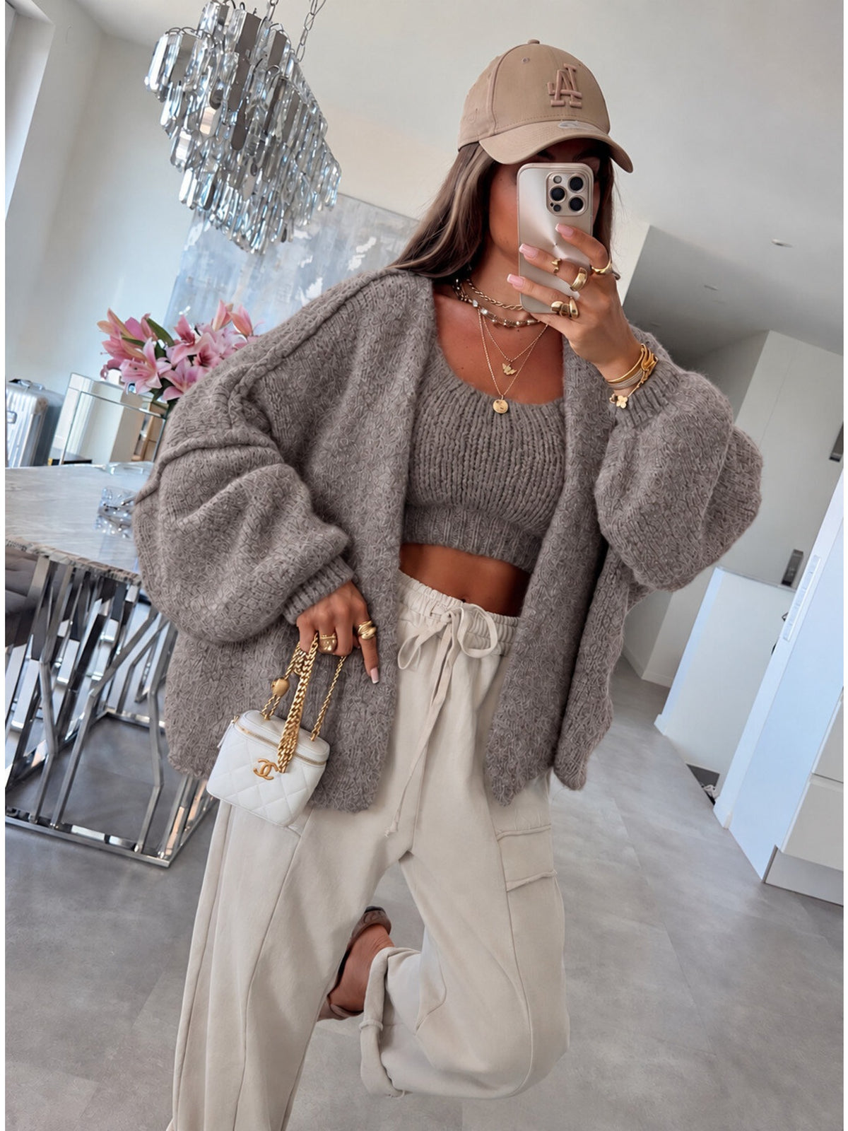 Gilet oversize en laine à manches ballon taupe pour femme, La Chica