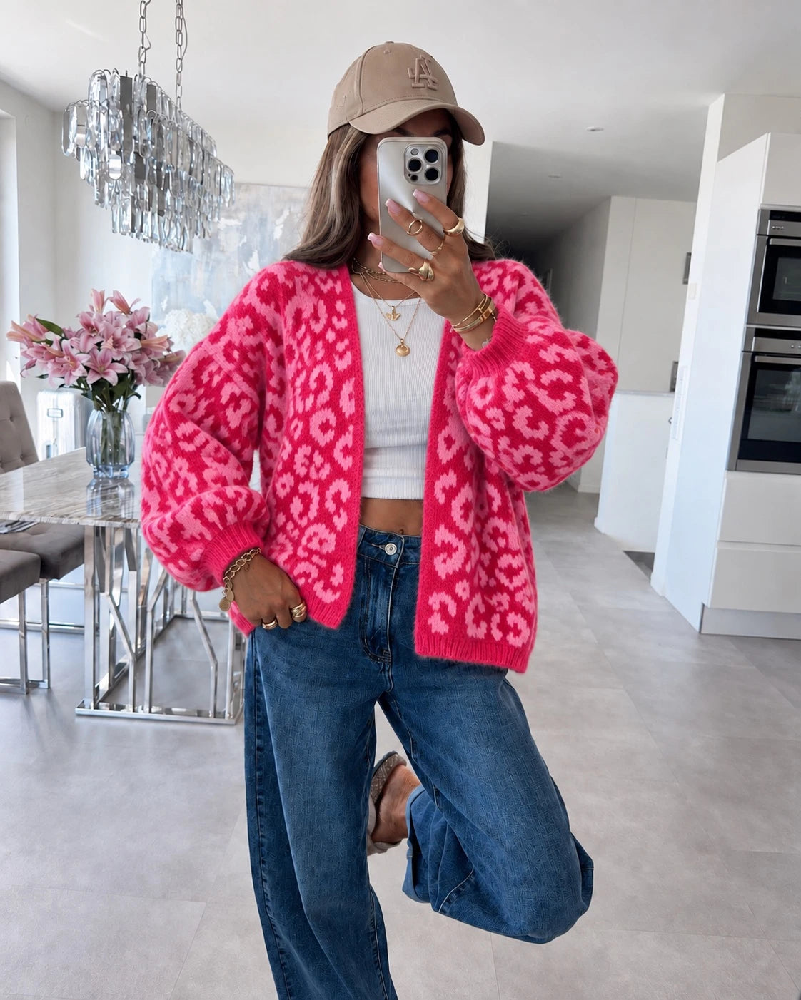 Gilet oversize en maille douce motif léopard fuchsia pour femme – La Chica