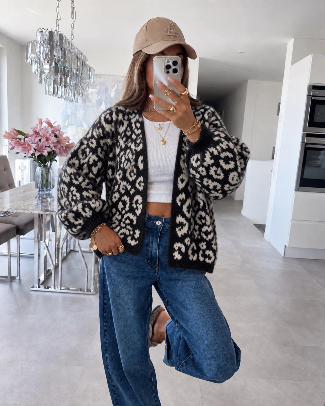 Gilet oversize en maille douce motif léopard noir pour femme – La Chica