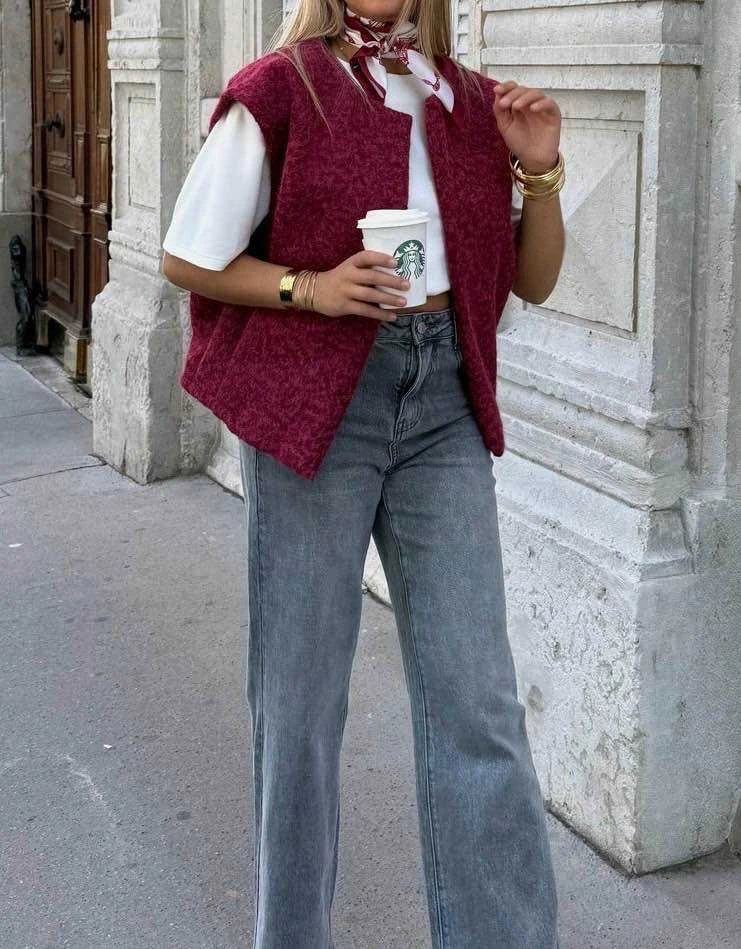 Gilet sans manches effet bouclette bordeaux pour femme – La Chica