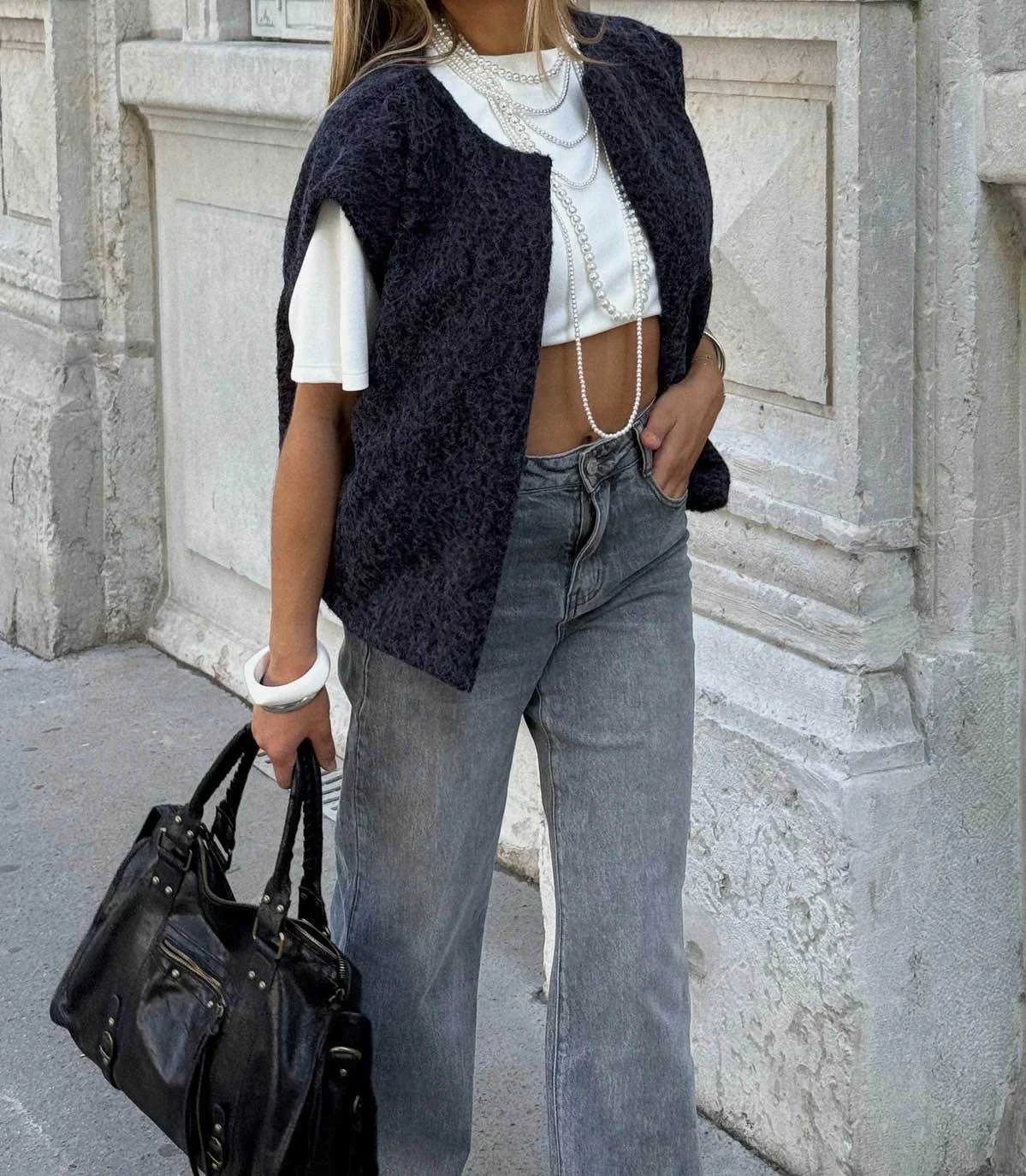 Gilet sans manches effet bouclette marine pour femme – La Chica