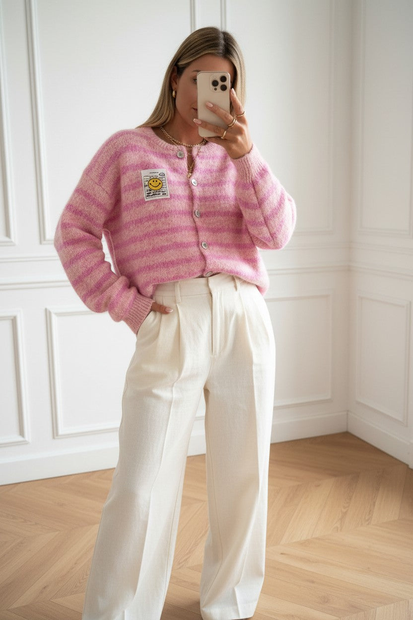 Gilet Rayé ✦ Rose & Blanc ✦ Douceur Élégante & Esprit Cocooning La Chica