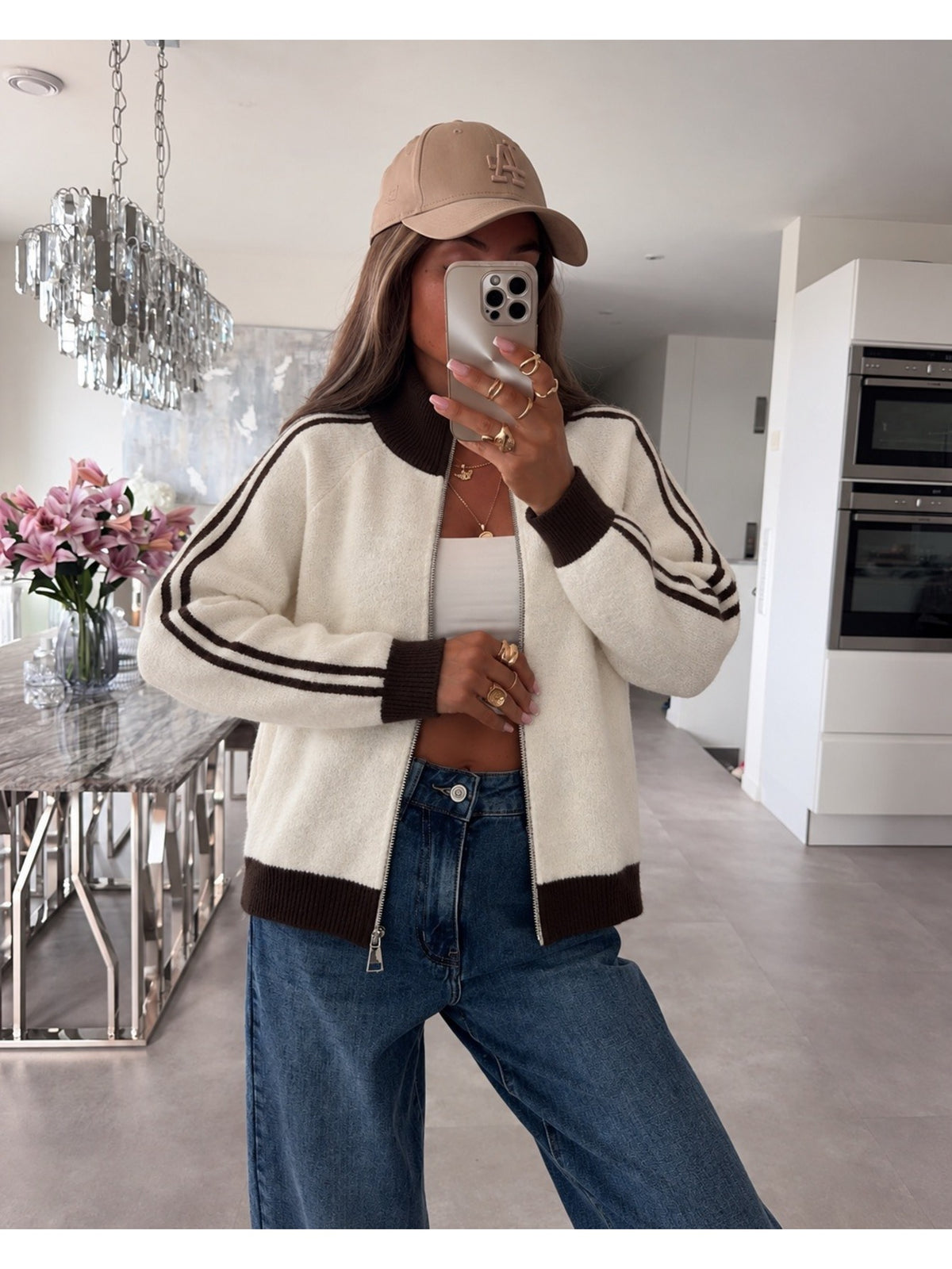 Gilet zippé bicolore à col montant et doubles bandes blanc pour femme, La Chica