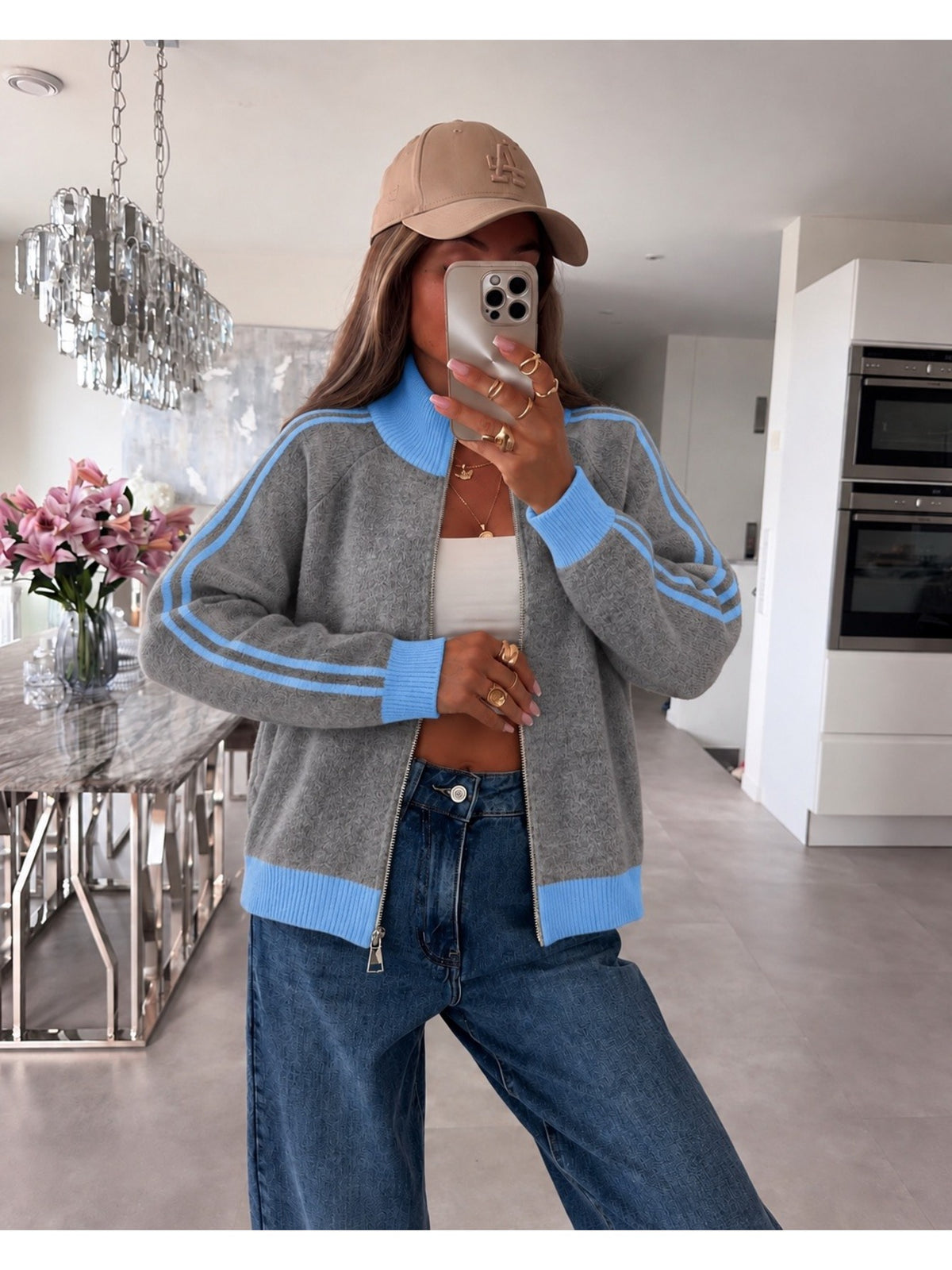 Gilet zippé bicolore à col montant et doubles bandes gris pour femme, La Chica