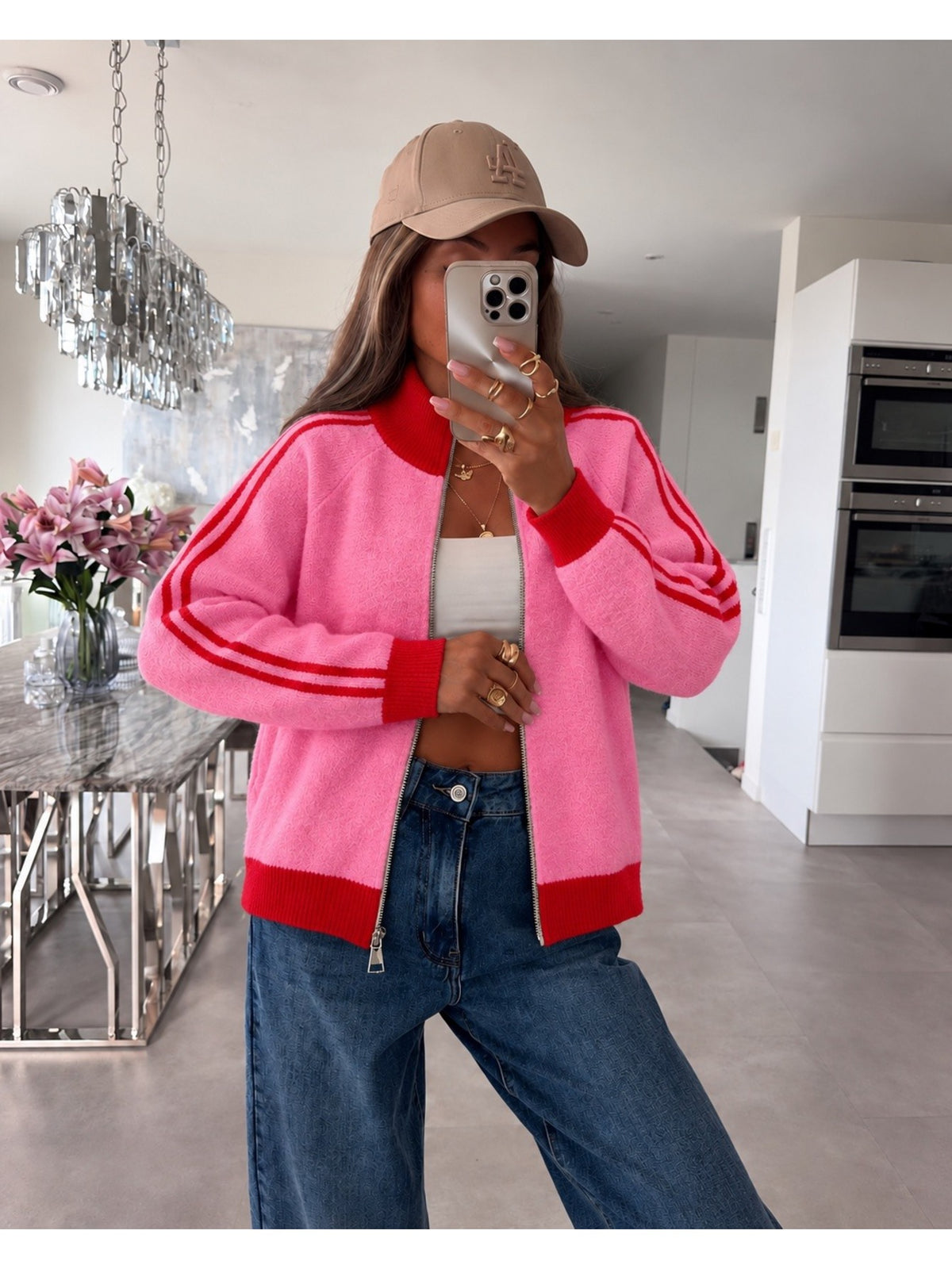 Gilet zippé bicolore à col montant et doubles bandes rose pour femme, La Chica
