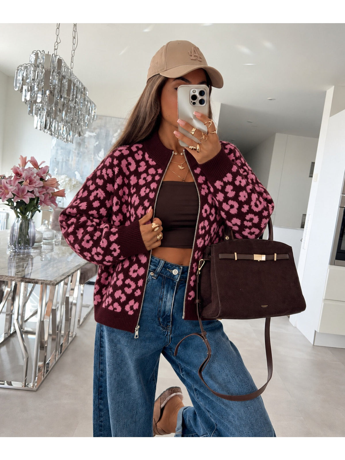 Gilet zippé en laine léopard bordeaux pour femme, La Chica