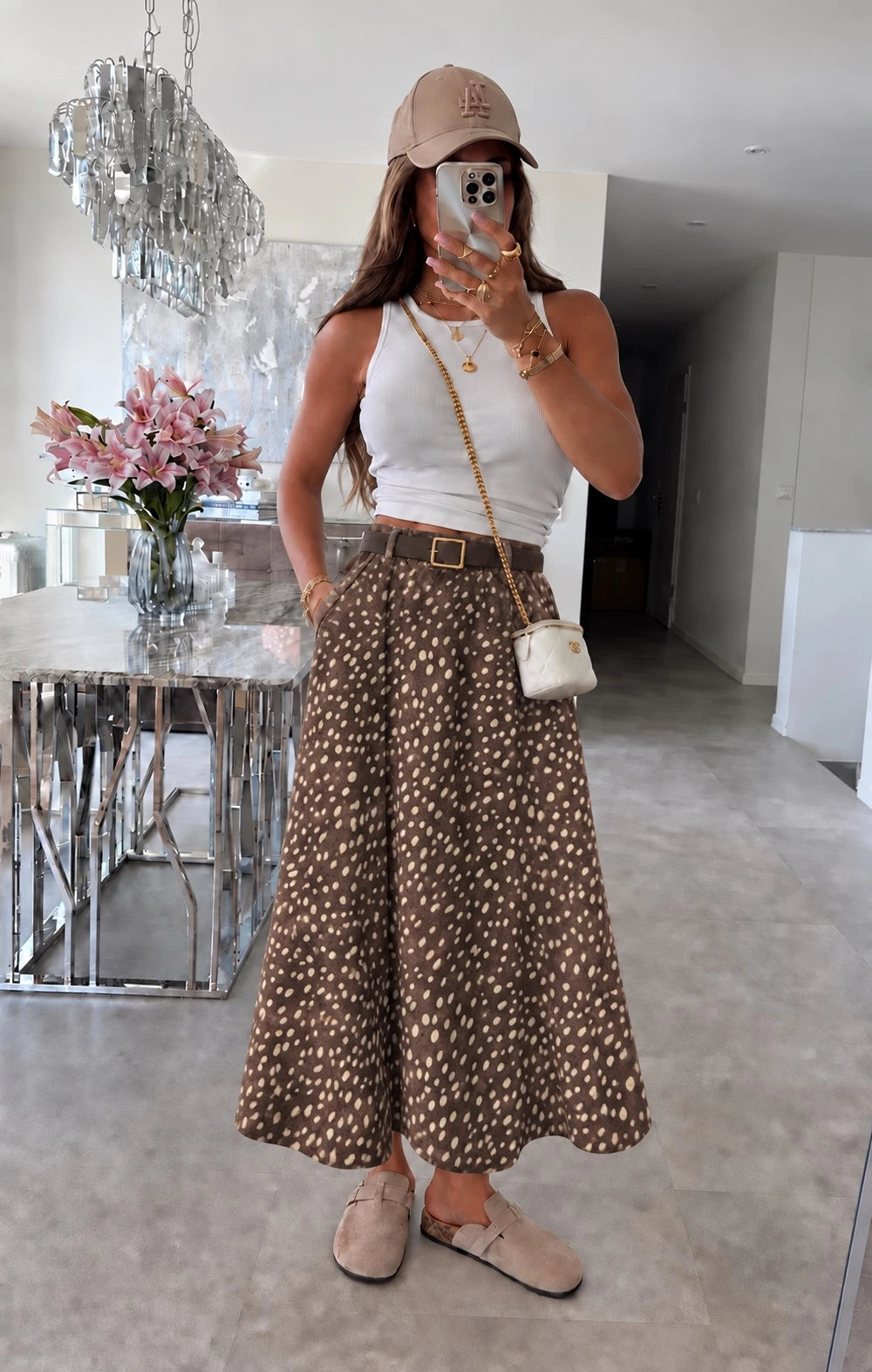 Jupe en suédine avec ceinture imprimé biche marron foncé pour femme – La Chica
