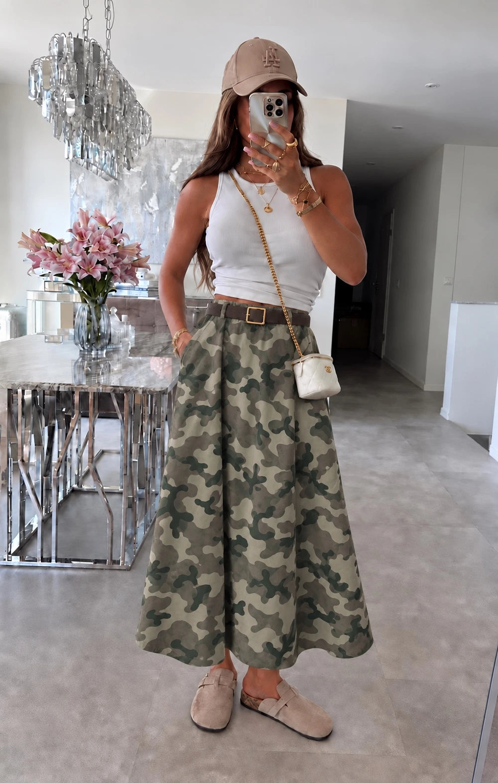 Jupe en suédine avec ceinture imprimé camouflage kaki pour femme – La Chica