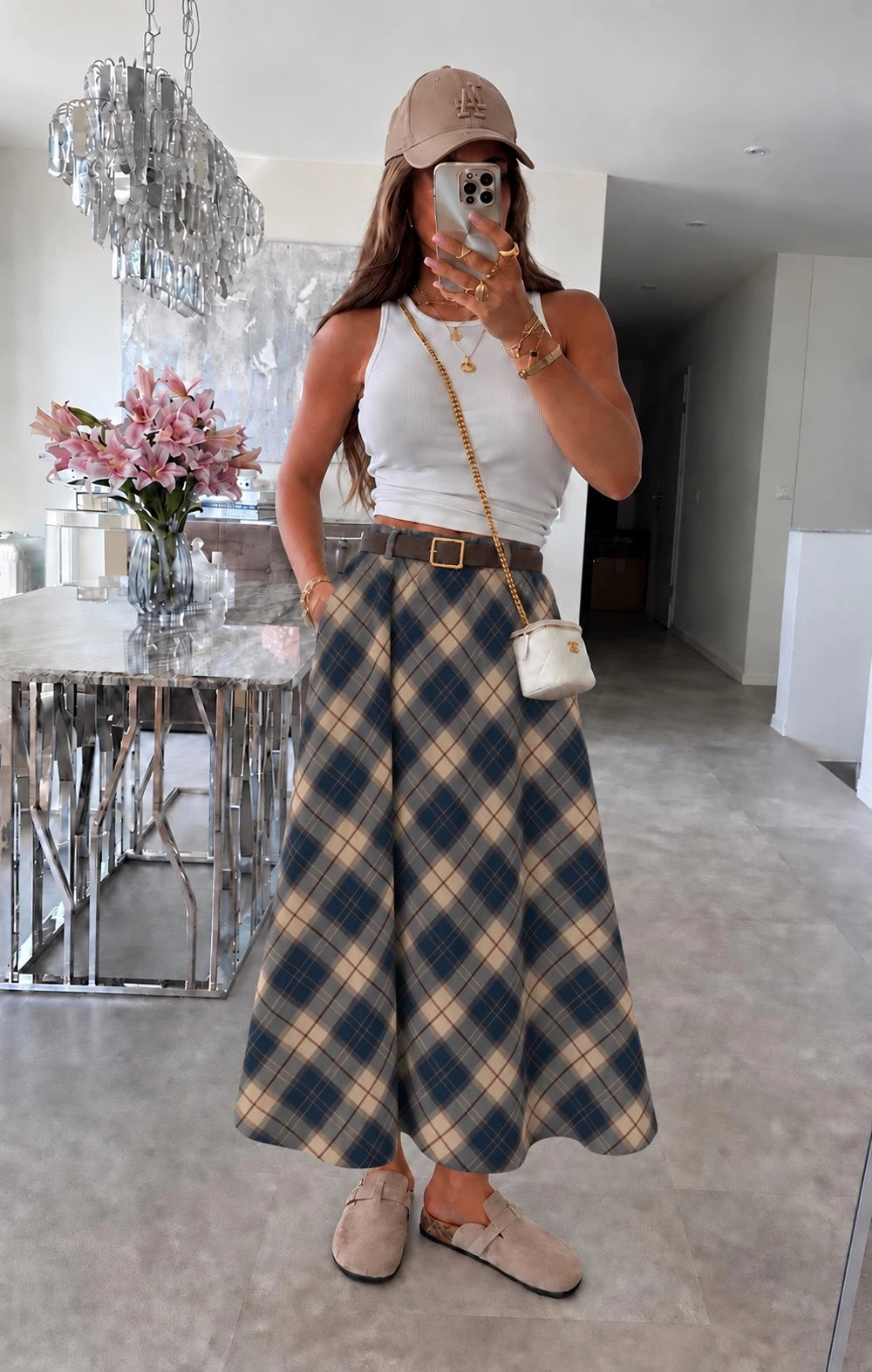 Jupe en suédine avec ceinture imprimé carreaux marine pour femme – La Chica