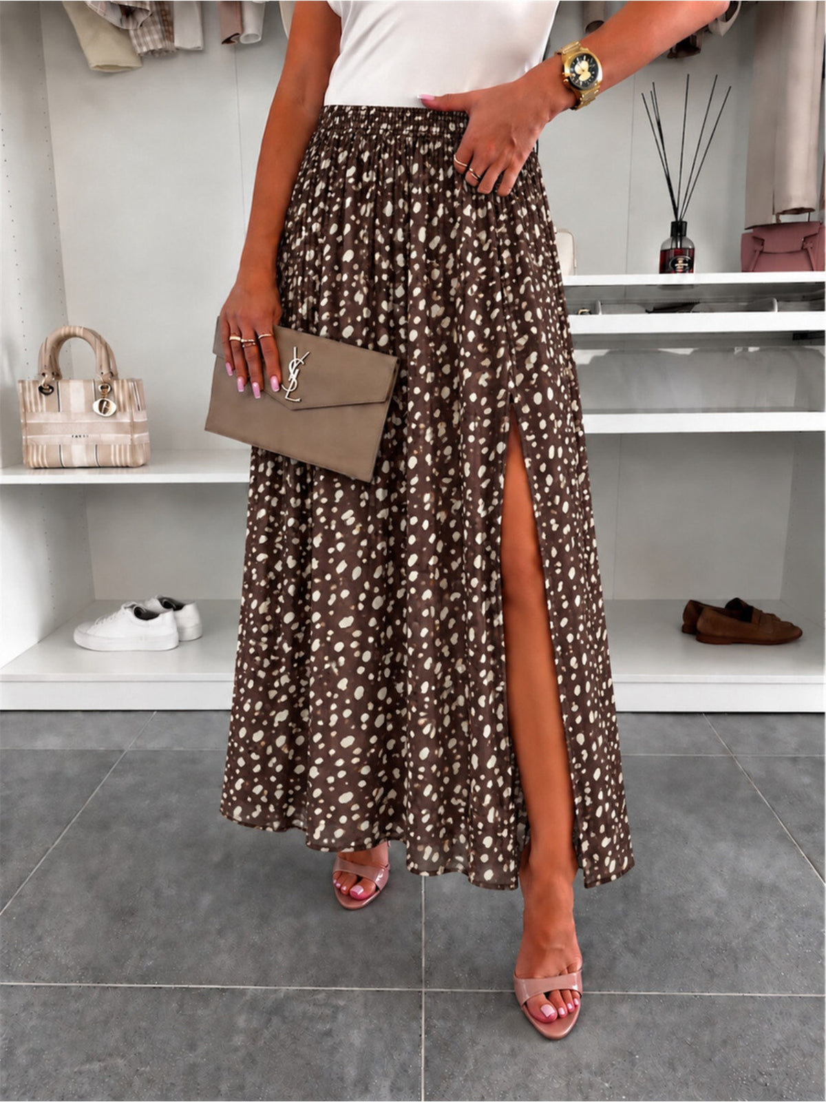 Jupe imprimé bambi avec fente taille élastique marron foncé pour femme, La Chica