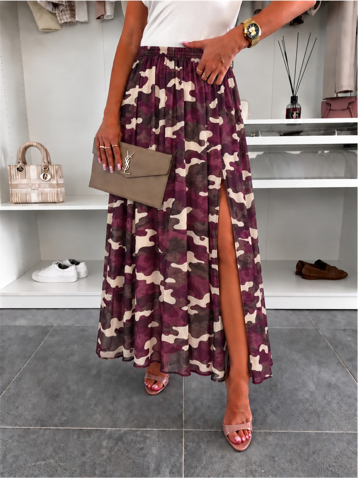 Jupe imprimé camouflage avec fente taille élastique bordeaux pour femme, La Chica