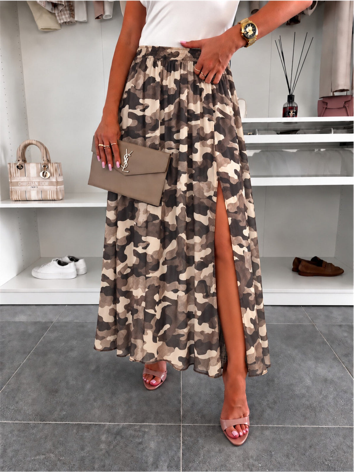 Jupe imprimé camouflage avec fente taille élastique marron foncé pour femme, La Chica