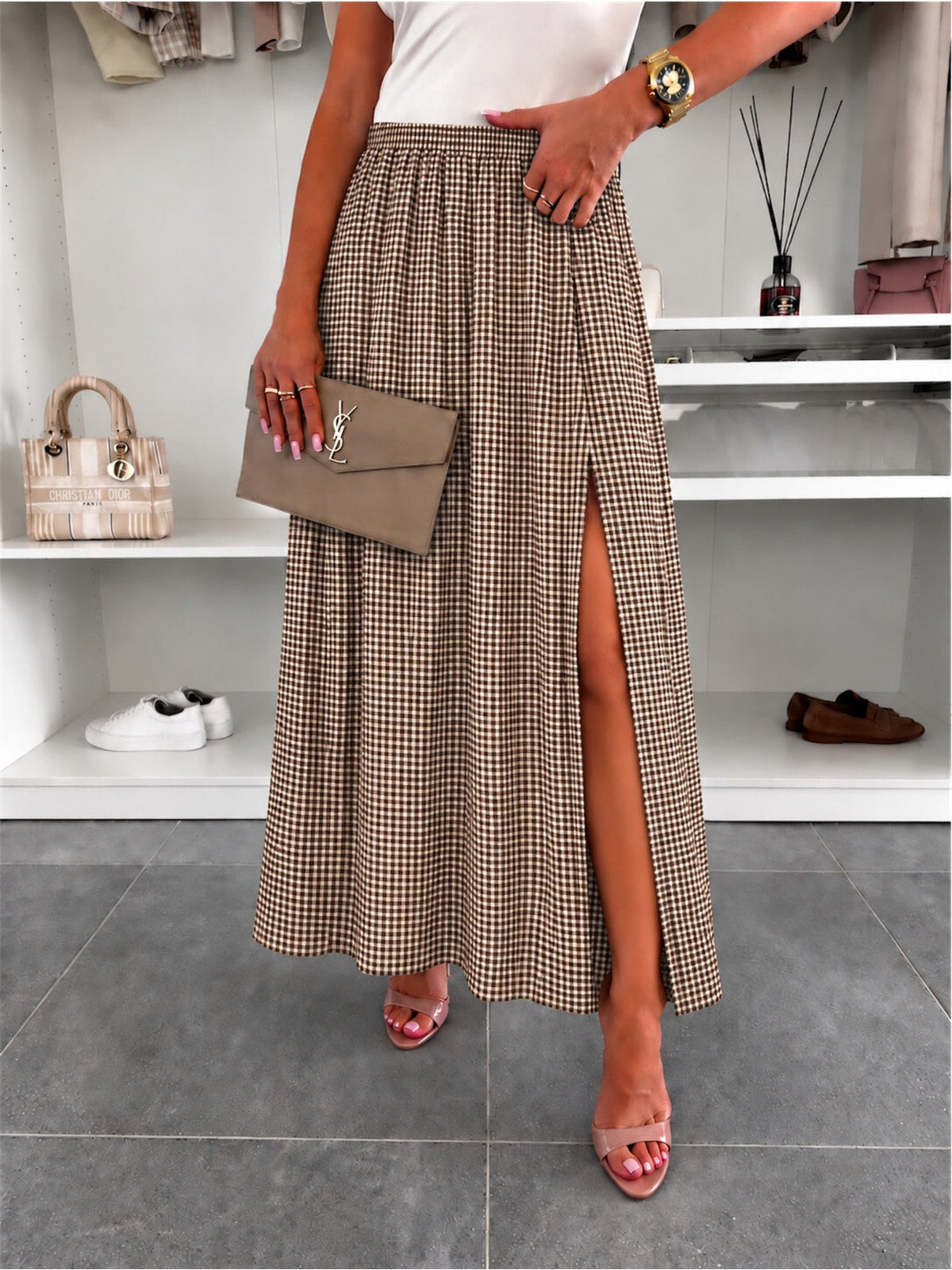 Jupe imprimé carreaux avec fente taille élastique marron foncé pour femme, La Chica