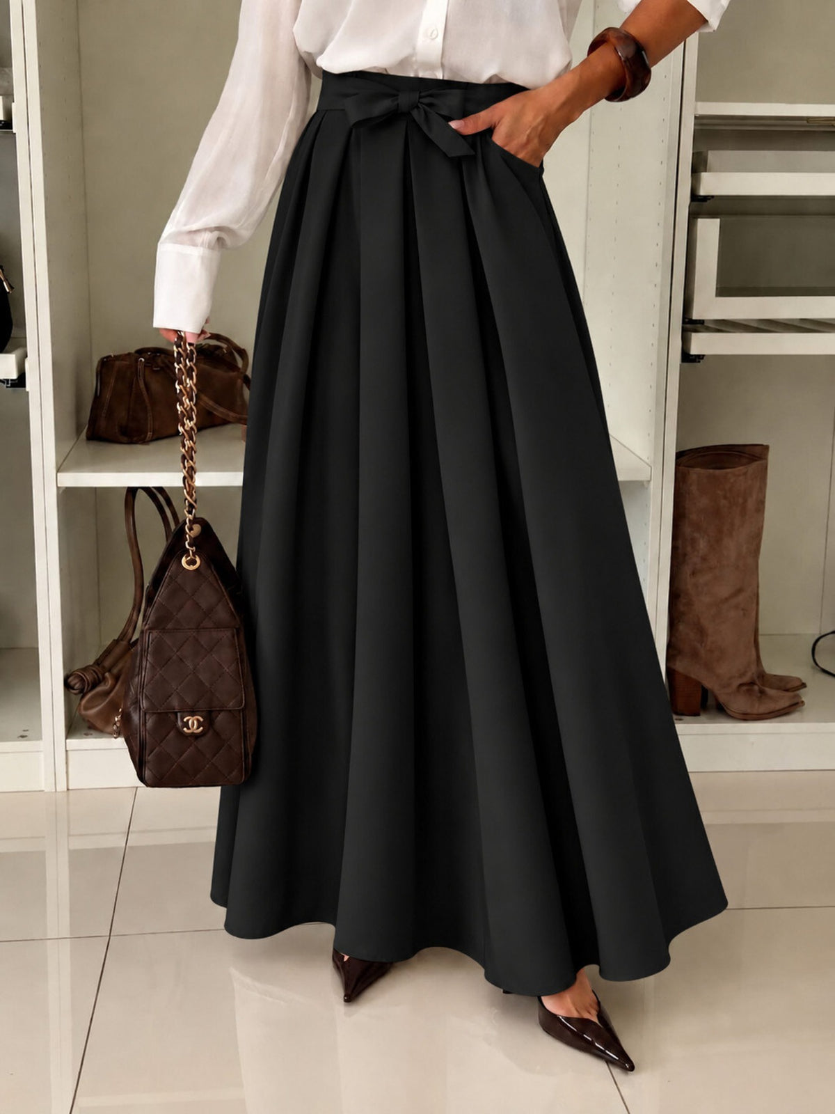 Jupe longue évasée à plis avec ceinture nouée avec poches noir pour femme, La Chica