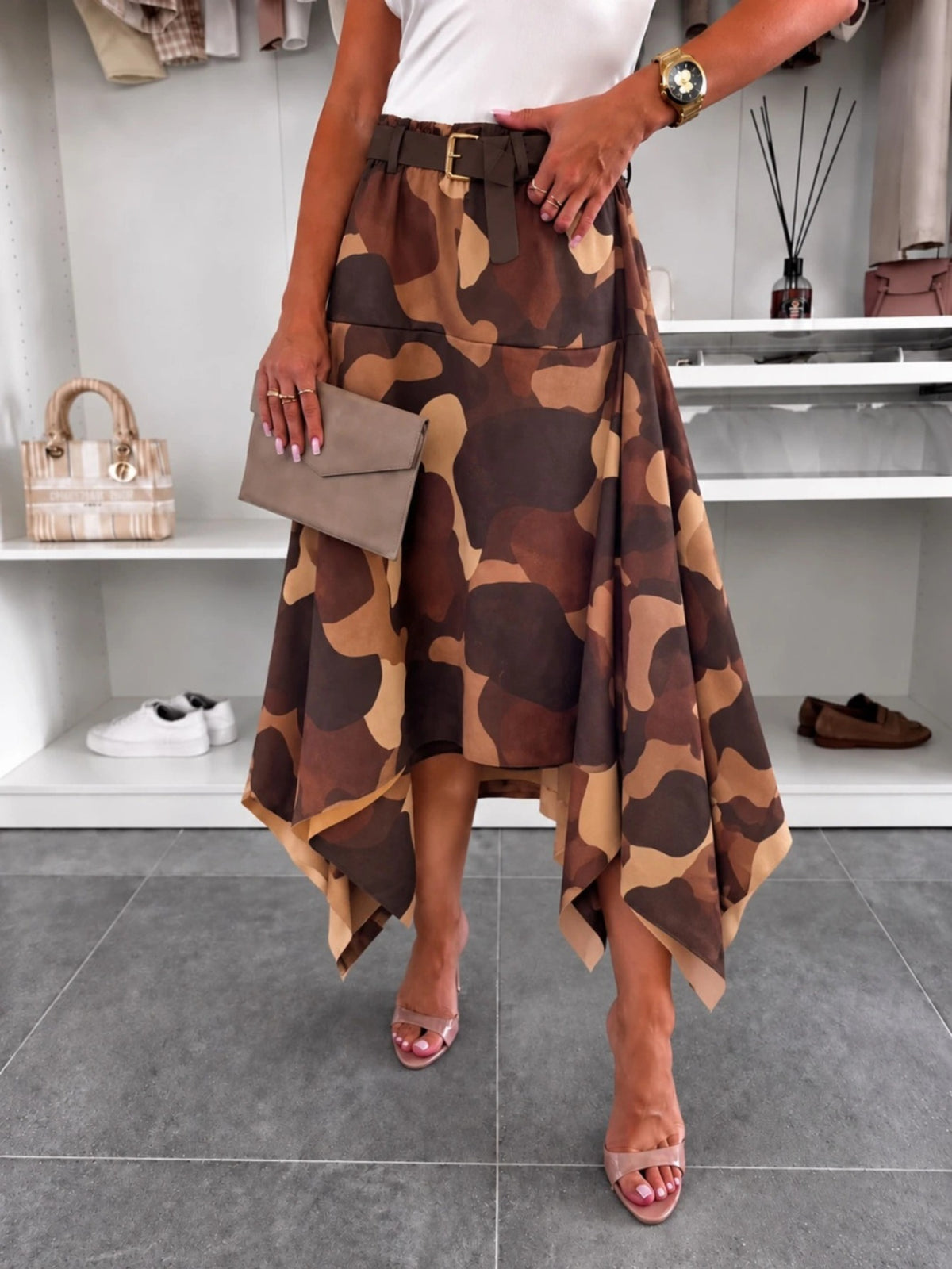 Jupe longue suédine imprimé camouflage asymétrique avec ceinture marron foncé pour femme, La Chica