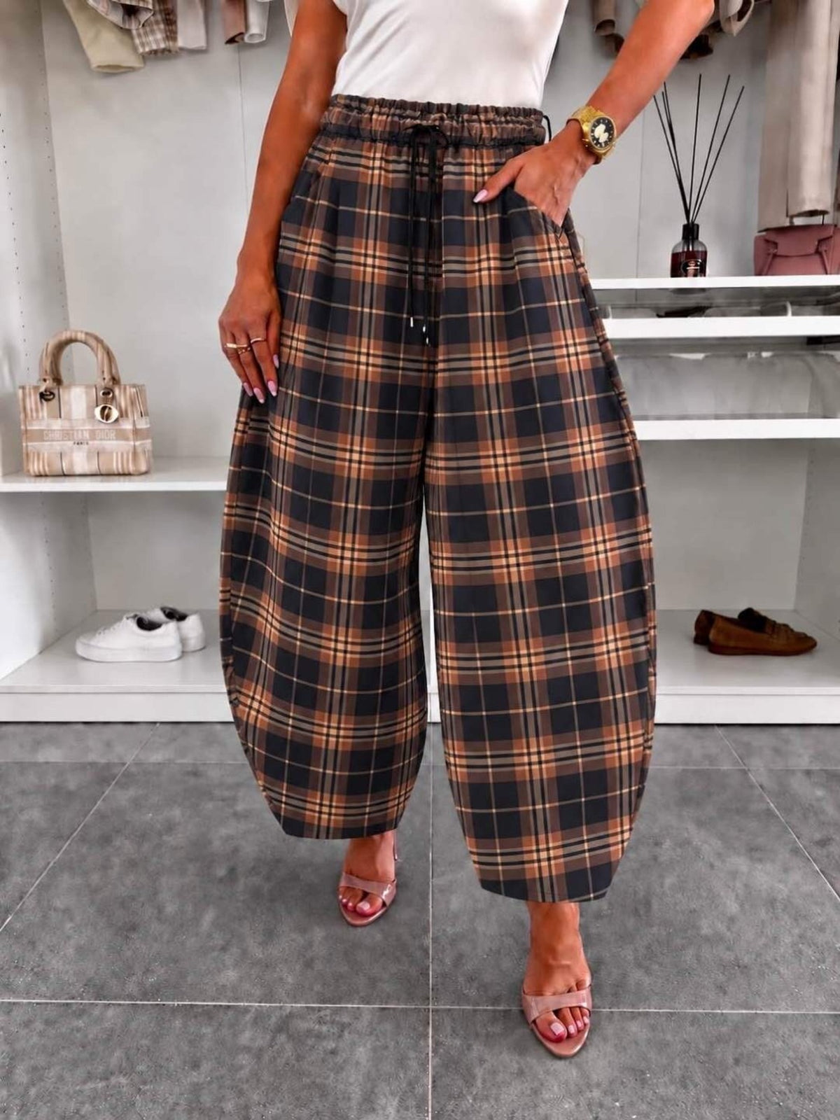 Pantalon ballon en suédine imprimé carreaux taille élastiquée marine pour femme, La Chica
