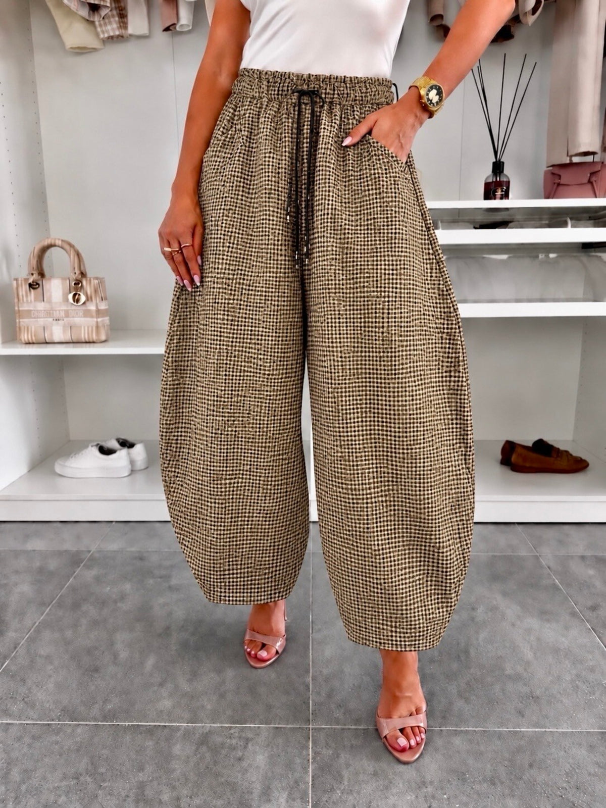 Pantalon ballon en suédine imprimé vichy taille élastiquée kaki pour femme, La Chica