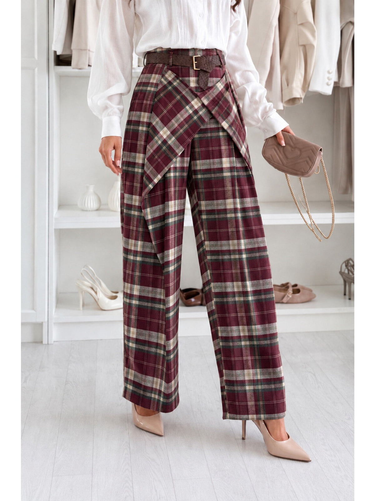 Pantalon à carreaux effet noué avec ceinture bordeaux pour femme, La Chica