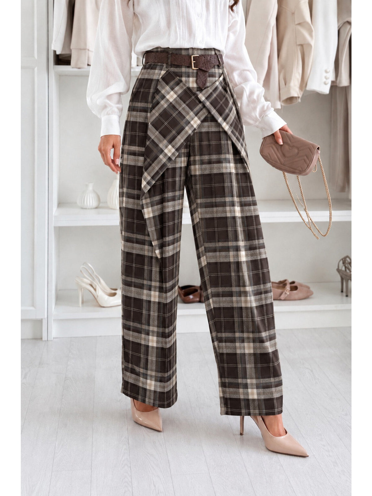 Pantalon à carreaux effet noué avec ceinture marron pour femme, La Chica