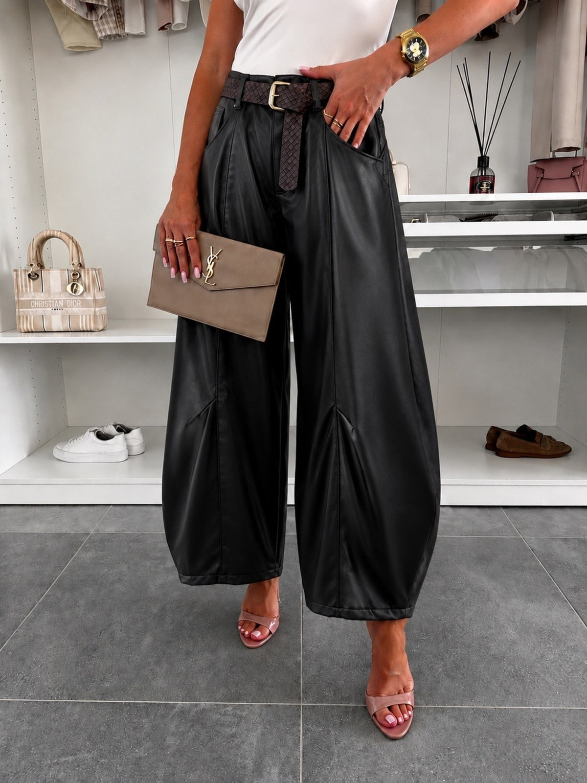 Pantalon Coupe Ballon En Similicuir Ceinturé Avec Poches noir pour femme, La Chica