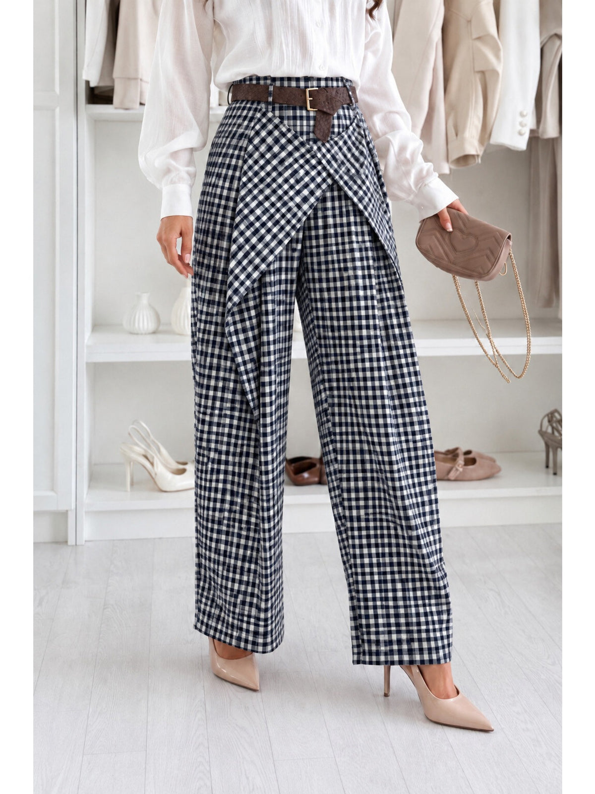 Pantalon large carreaux pan noué et ceinture marine pour femme, La Chica