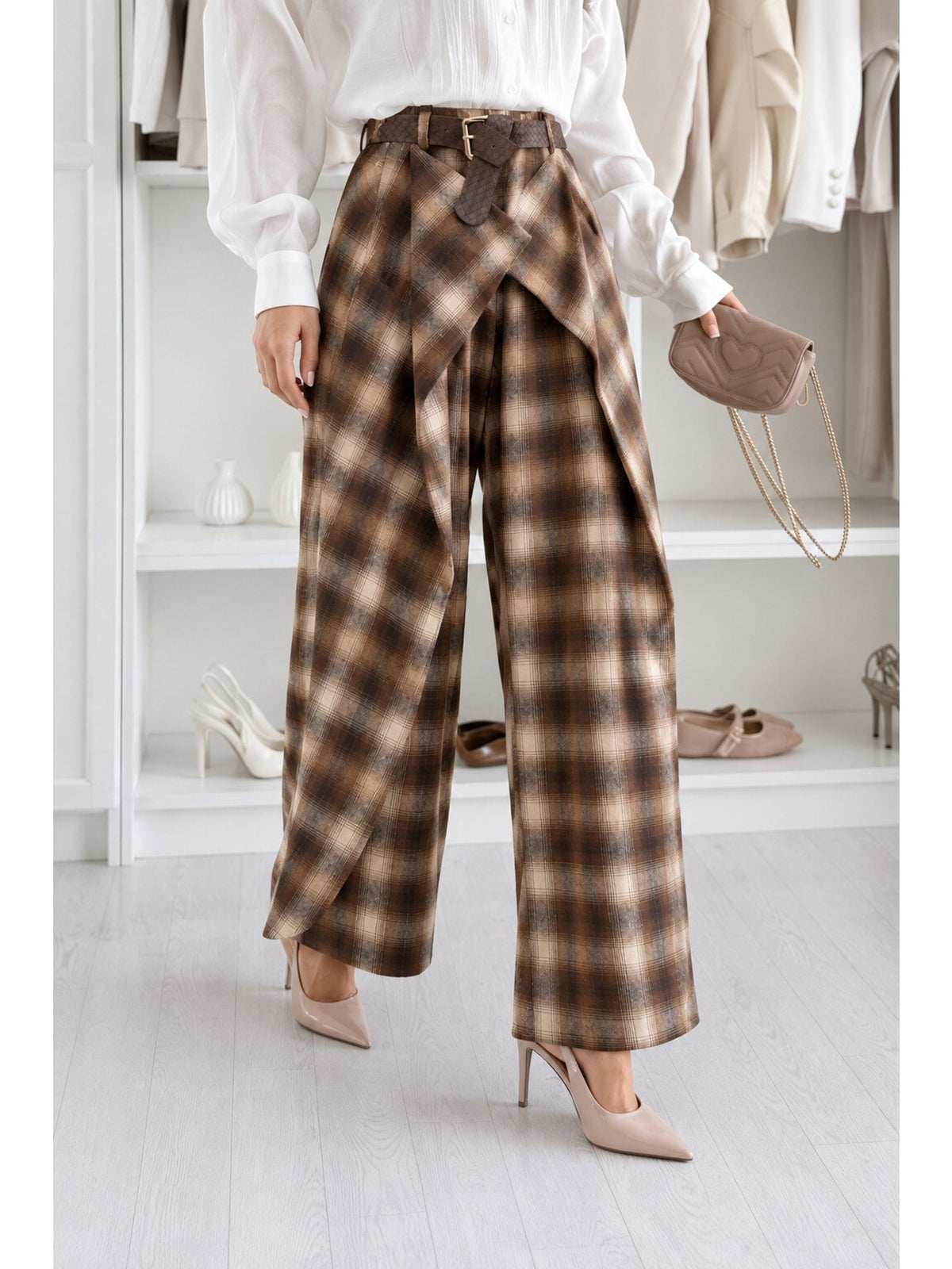 Pantalon large carreaux pan noué et ceinture marron pour femme, La Chica