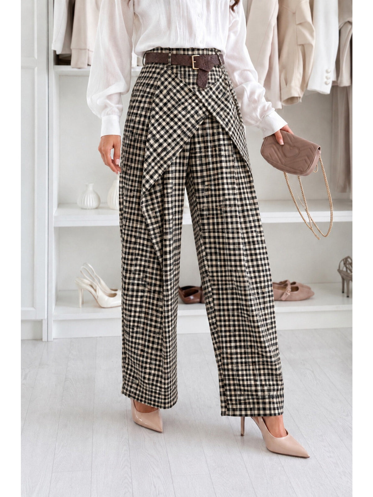 Pantalon large carreaux pan noué et ceinture noir pour femme, La Chica