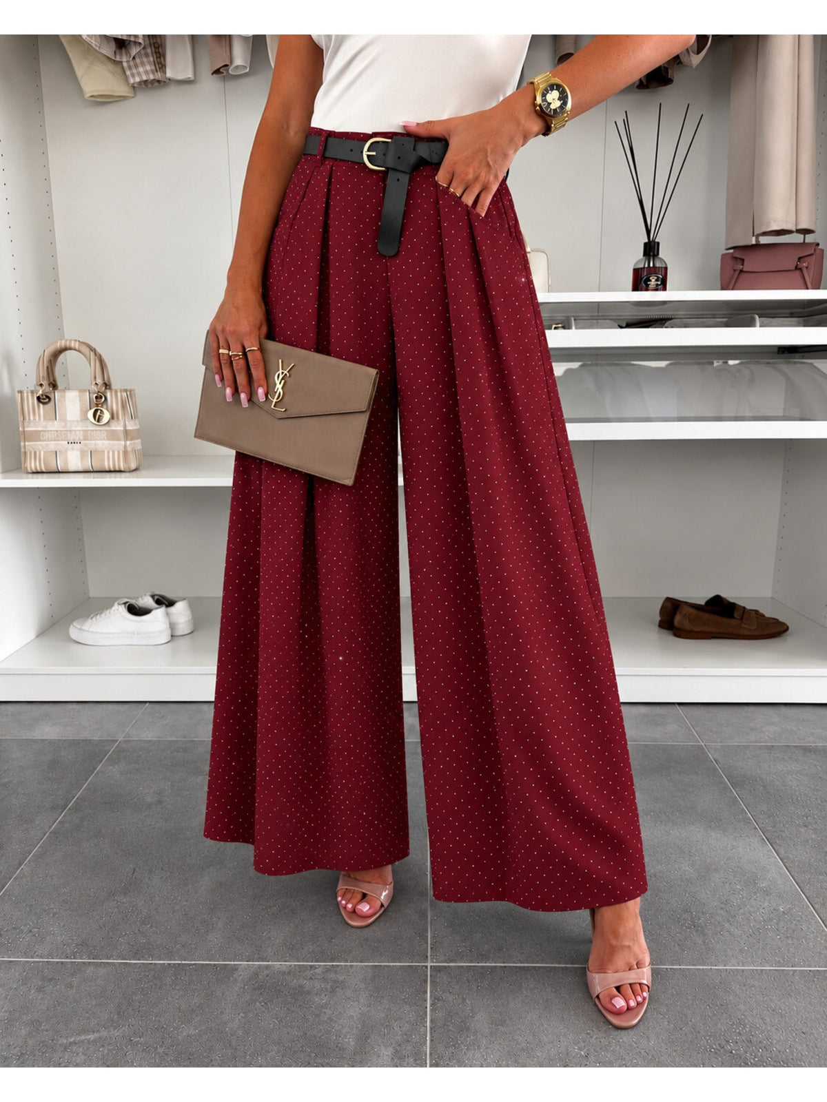 Pantalon large à strass avec ceintures et poche bordeaux pour femme, La Chica