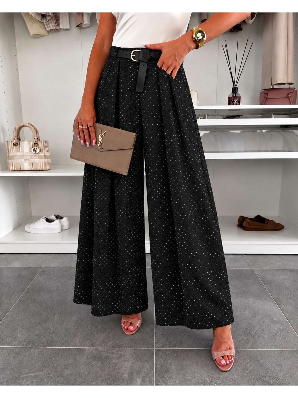 Pantalon large à strass avec ceintures et poche noir pour femme, La Chica