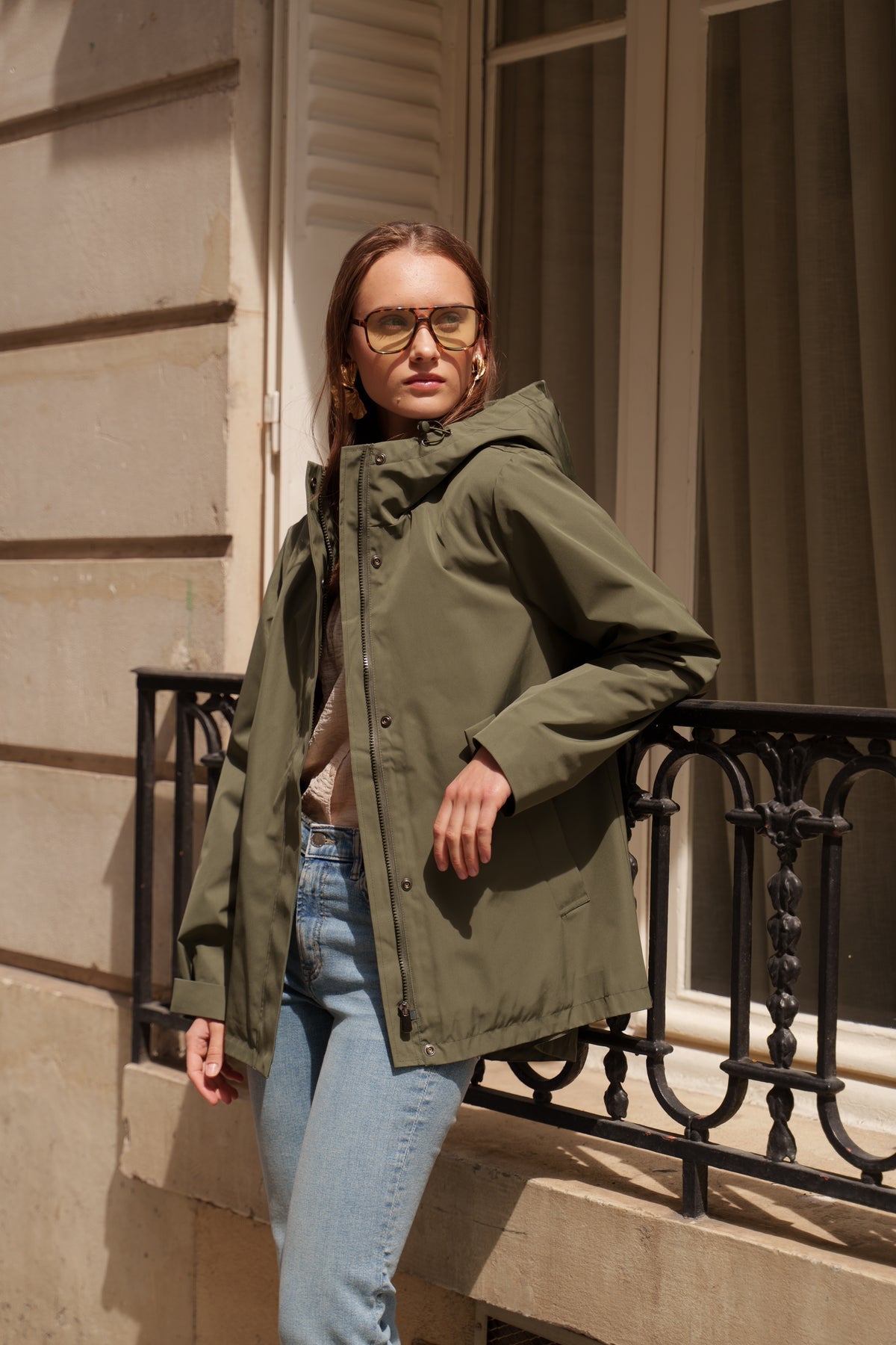 Parka imperméable courte 3 en 1 kaki pour femme – vue 2