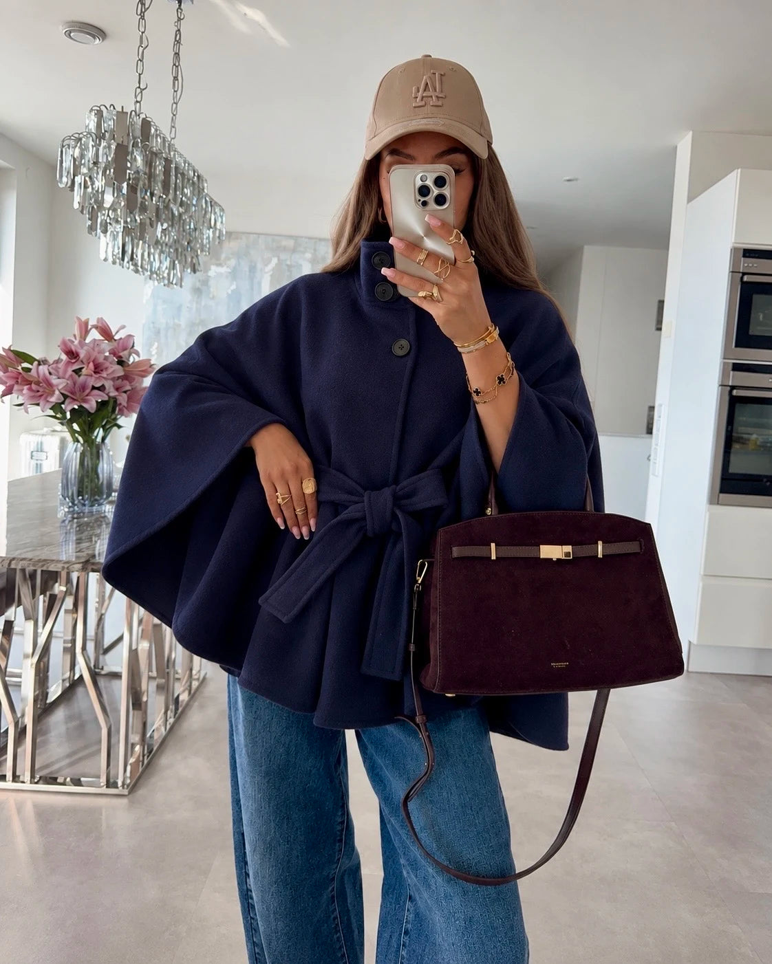 Poncho cape ample à col montant et ceinture marine pour femme – La Chica