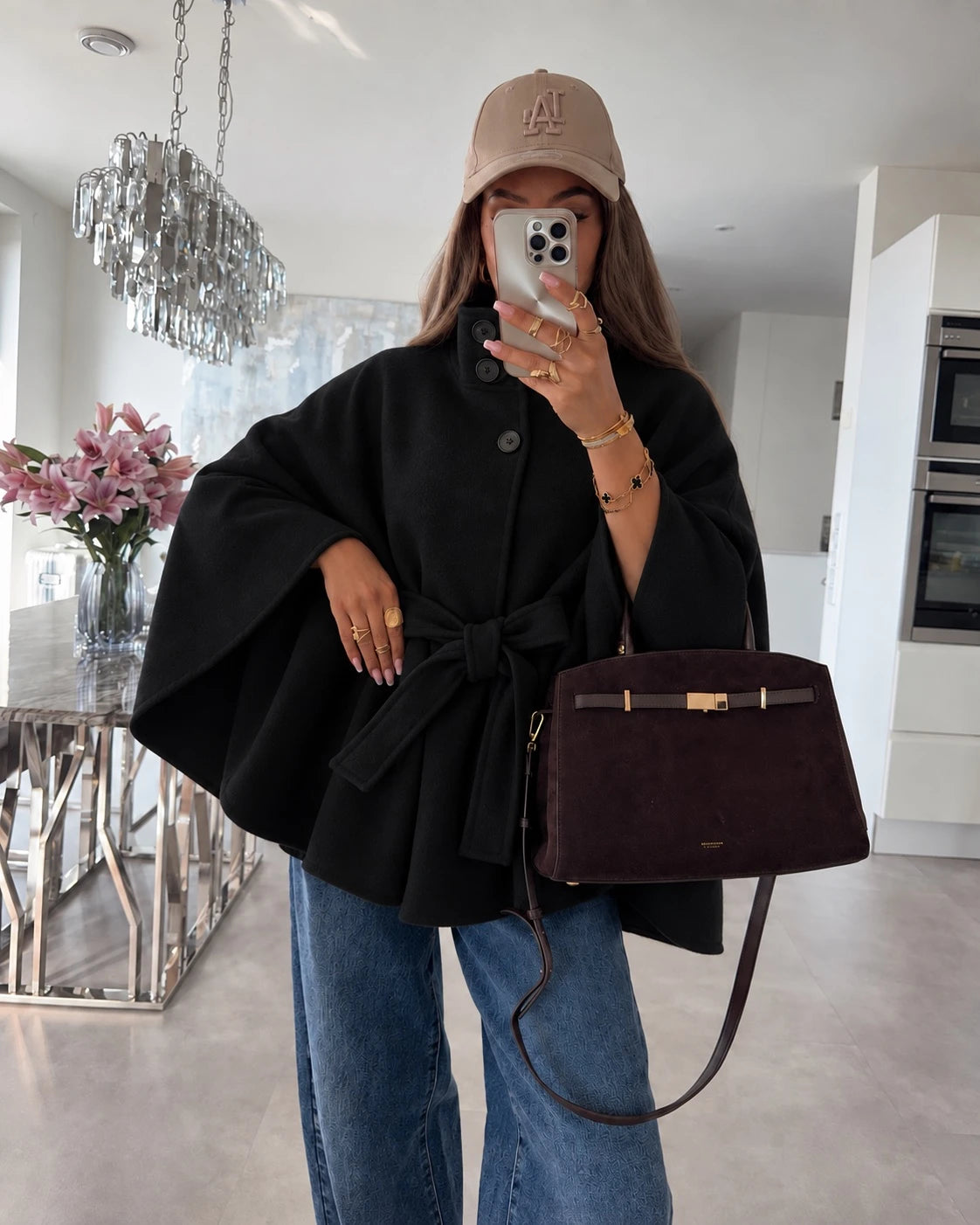 Poncho cape ample à col montant et ceinture noir pour femme – La Chica