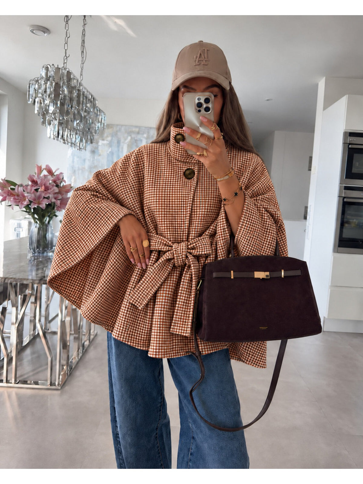 Poncho cape ample imprimé carreaux col montant et ceinture camel pour femme, La Chica