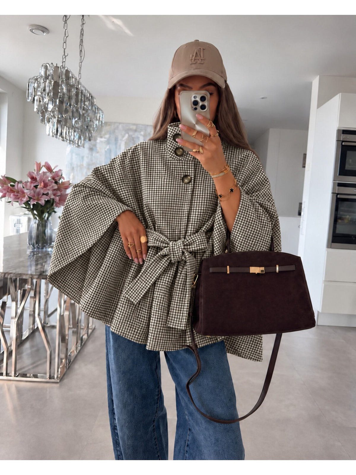 Poncho cape ample imprimé carreaux col montant et ceinture kaki pour femme, La Chica