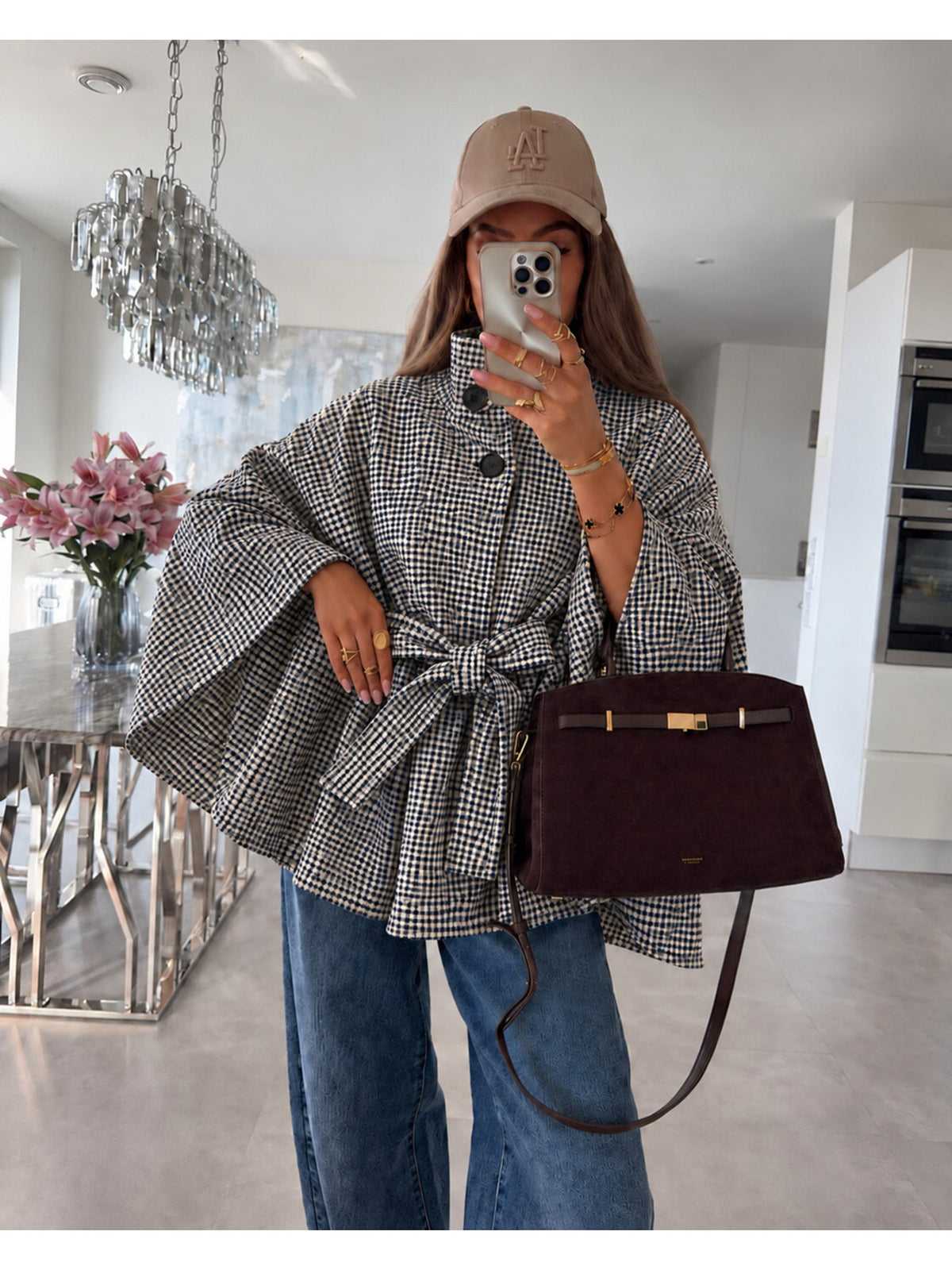 Poncho cape ample imprimé carreaux col montant et ceinture marine pour femme, La Chica