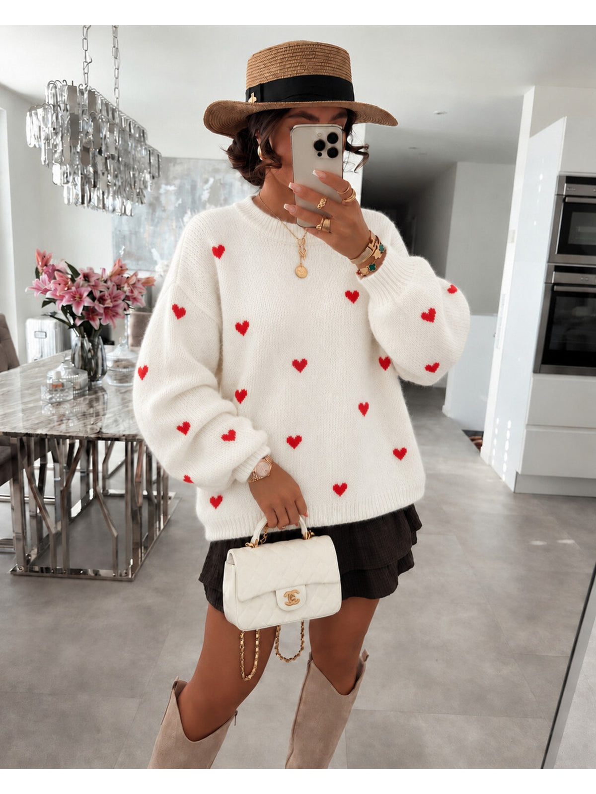 Pull en maille douce petits coeurs contrastés blanc pour femme, La Chica