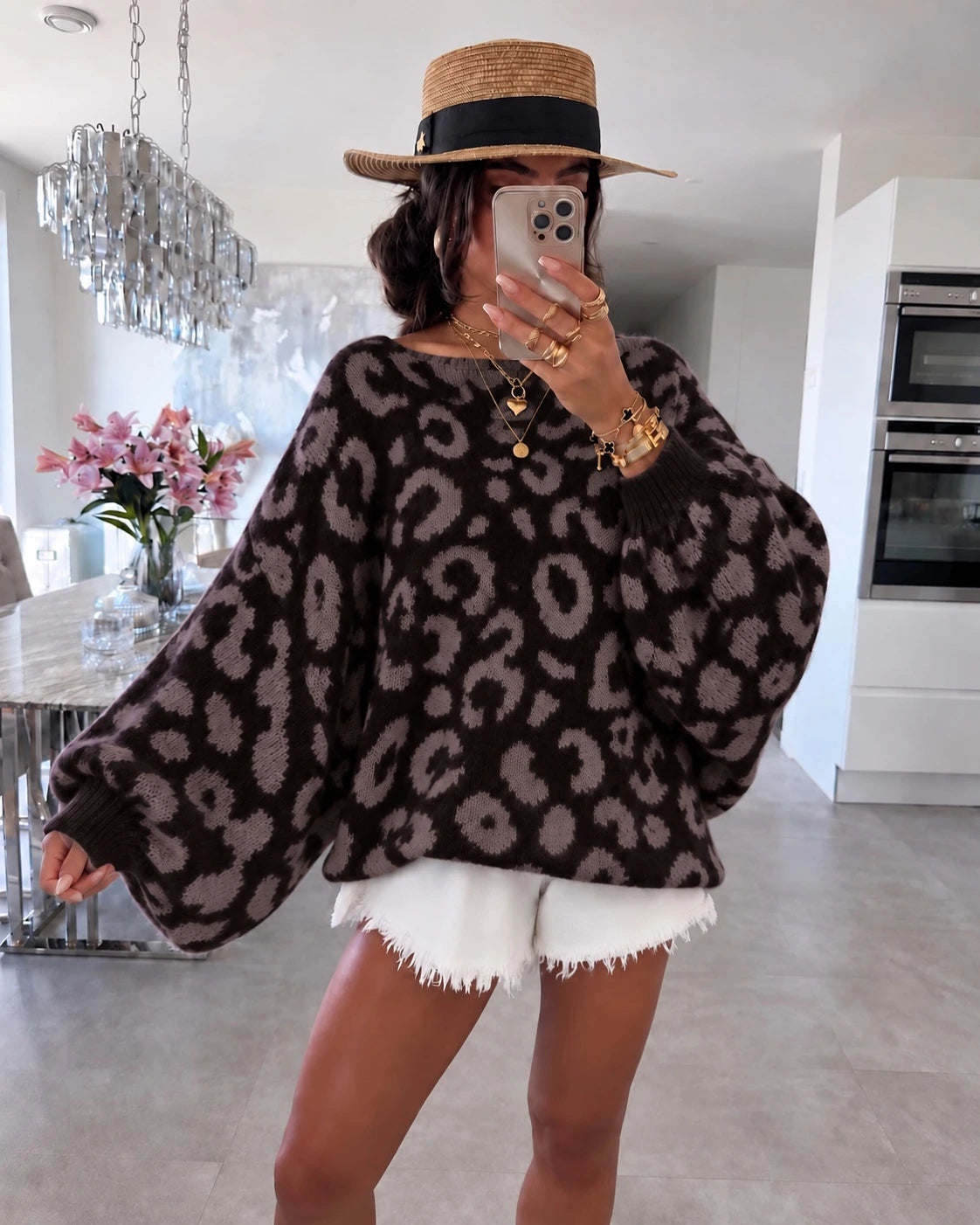 Pull motif léopard à manches chauve-souris marron foncé pour femme – La Chica