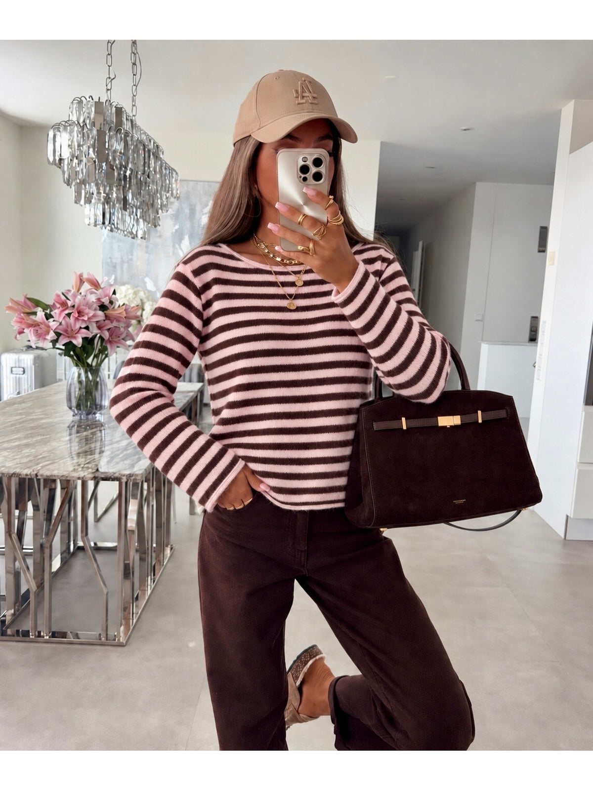 Pull laine rayures contrastées marron pour femme, La Chica