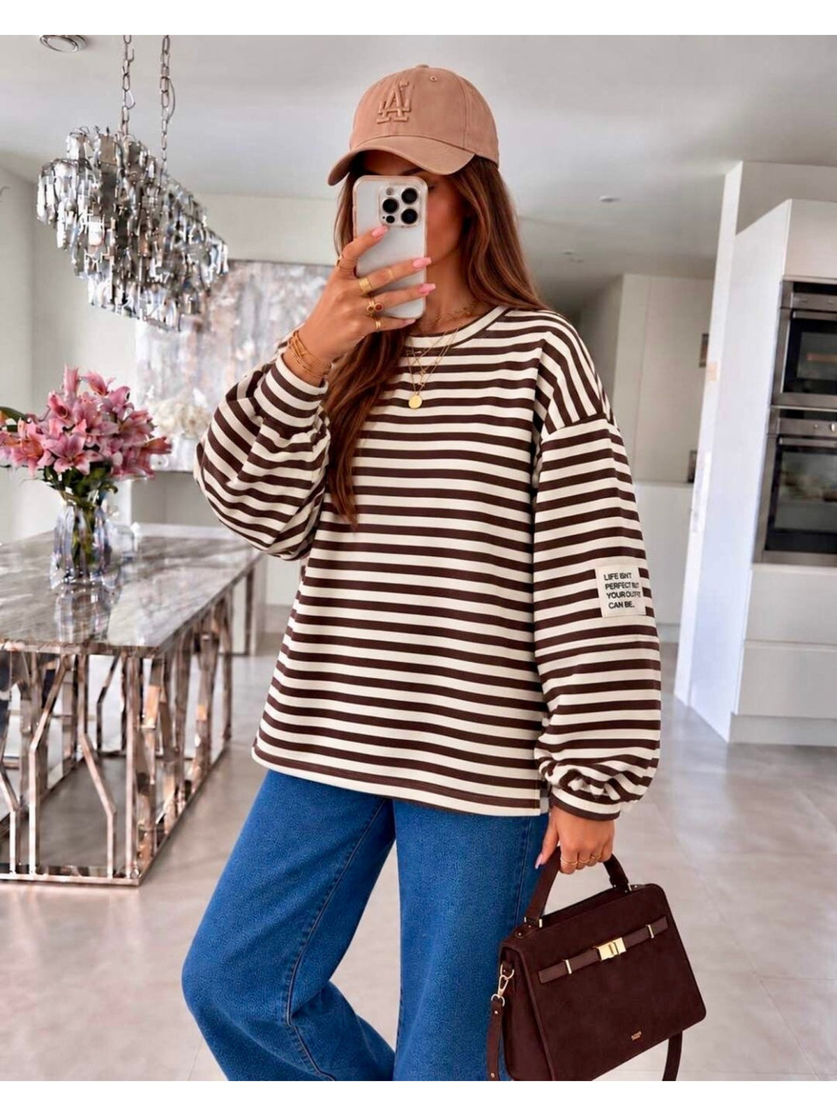 Pull oversize fines rayures et patch blanc pour femme, La Chica