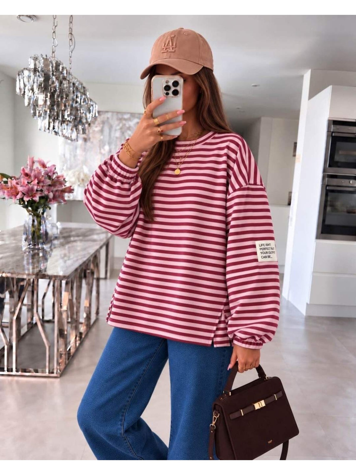 Pull oversize fines rayures et patch rose pour femme, La Chica