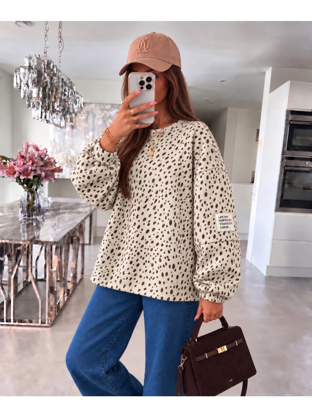 Pull oversize imprimé biche et patch beige pour femme, La Chica